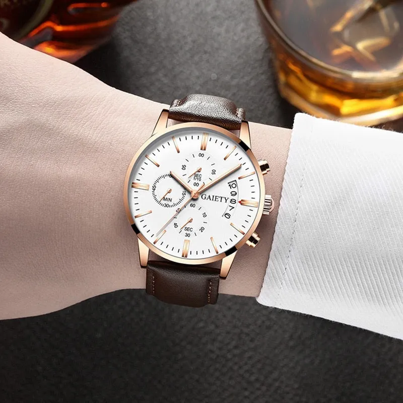 men Fashion Sport Stainless Steel Case Leather Band watch