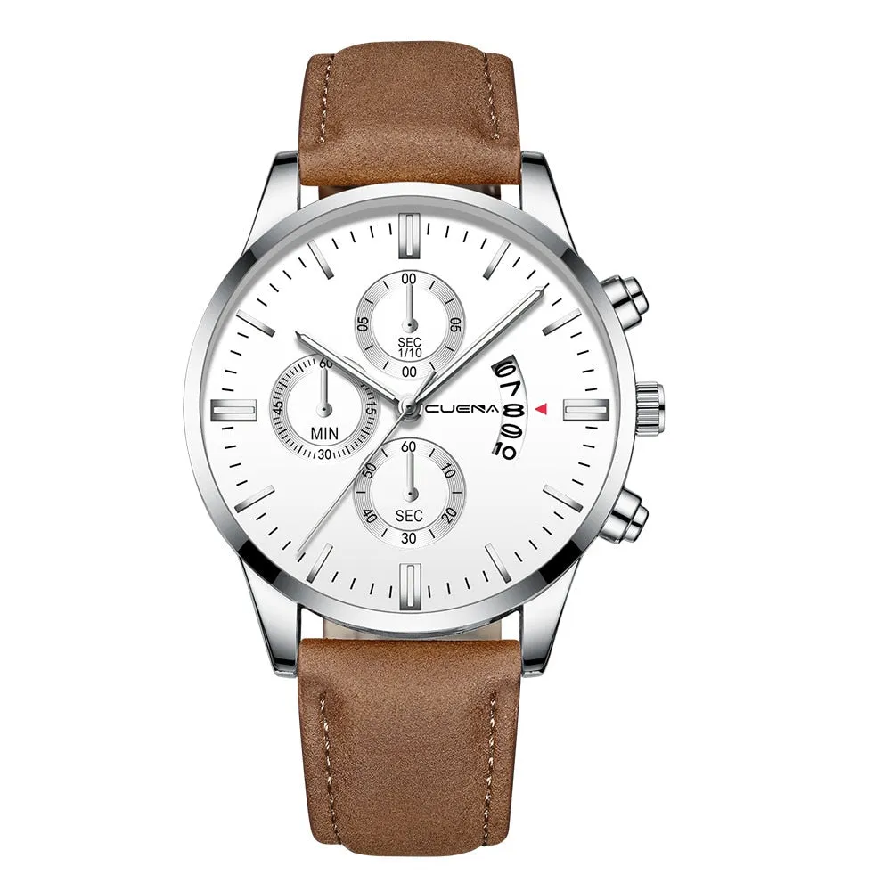 men Fashion Sport Stainless Steel Case Leather Band watch