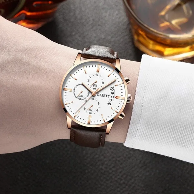 men Fashion Sport Stainless Steel Case Leather Band watch