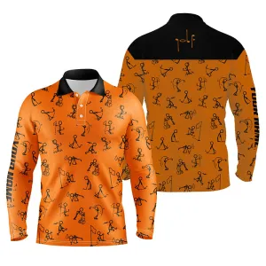 Men Golf Polo Shirts Custom Name Funny Golf Pattern, Black Orange Polo Shirt Golf Outfit Men