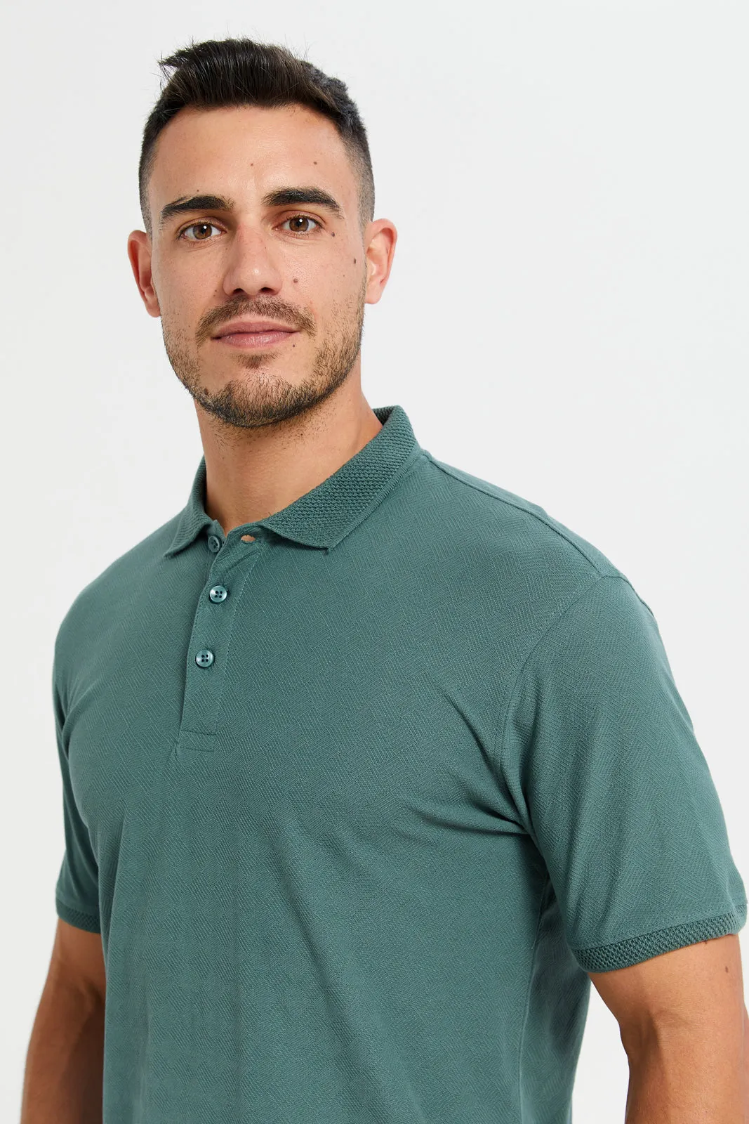 Men Green Jacquard Polo T-Shirt