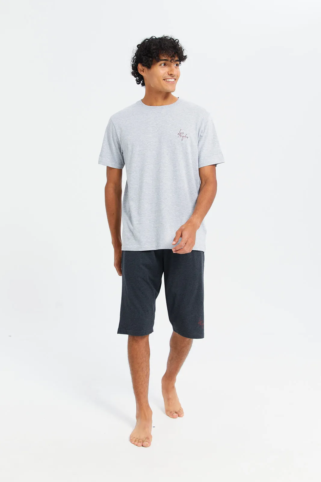 Men Grey And Charcoal T-Shirt And Shorts Pyjama Set (2 Piece)