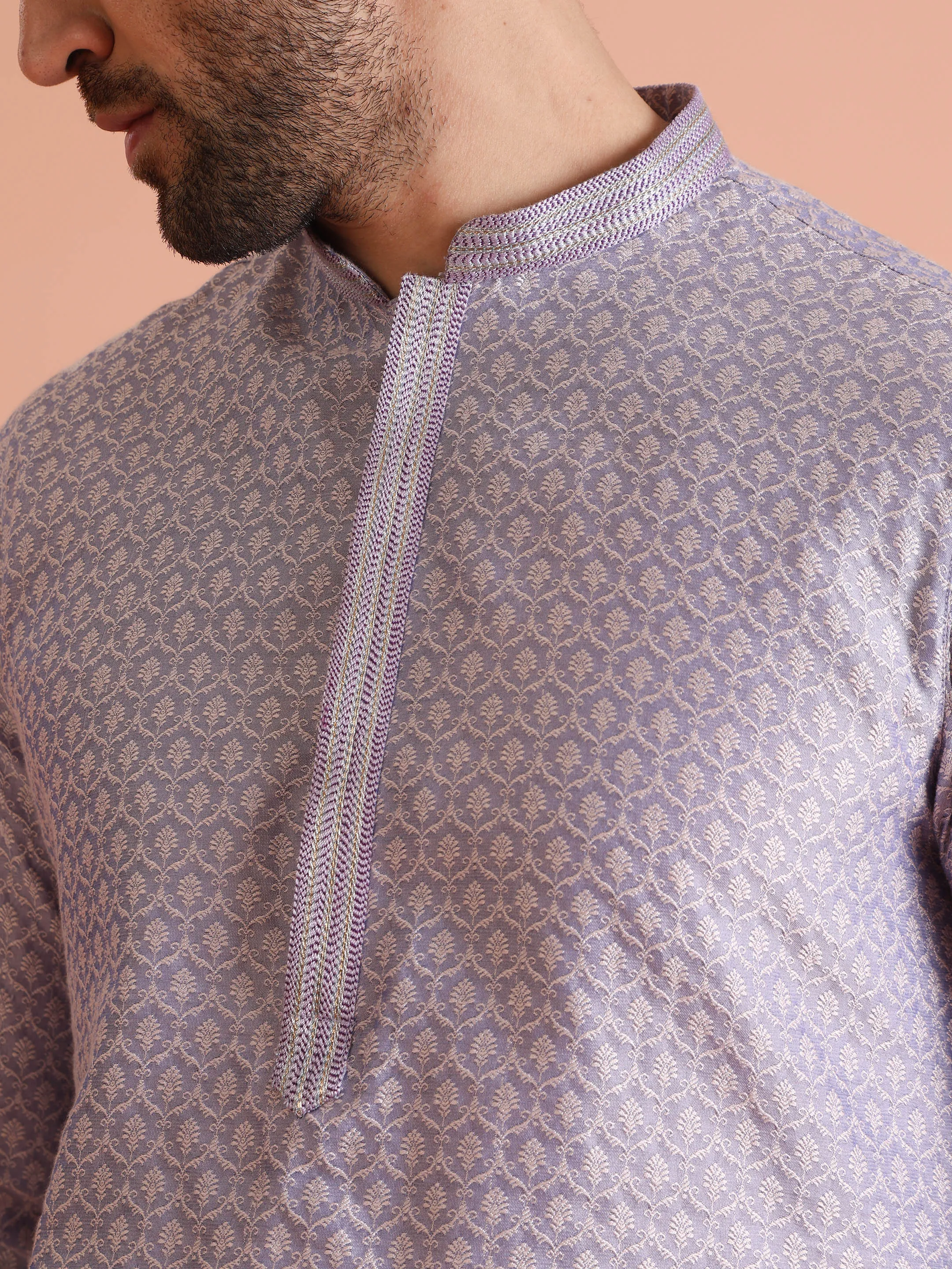 Men Lavender Woven Design Kurta Trousers Set