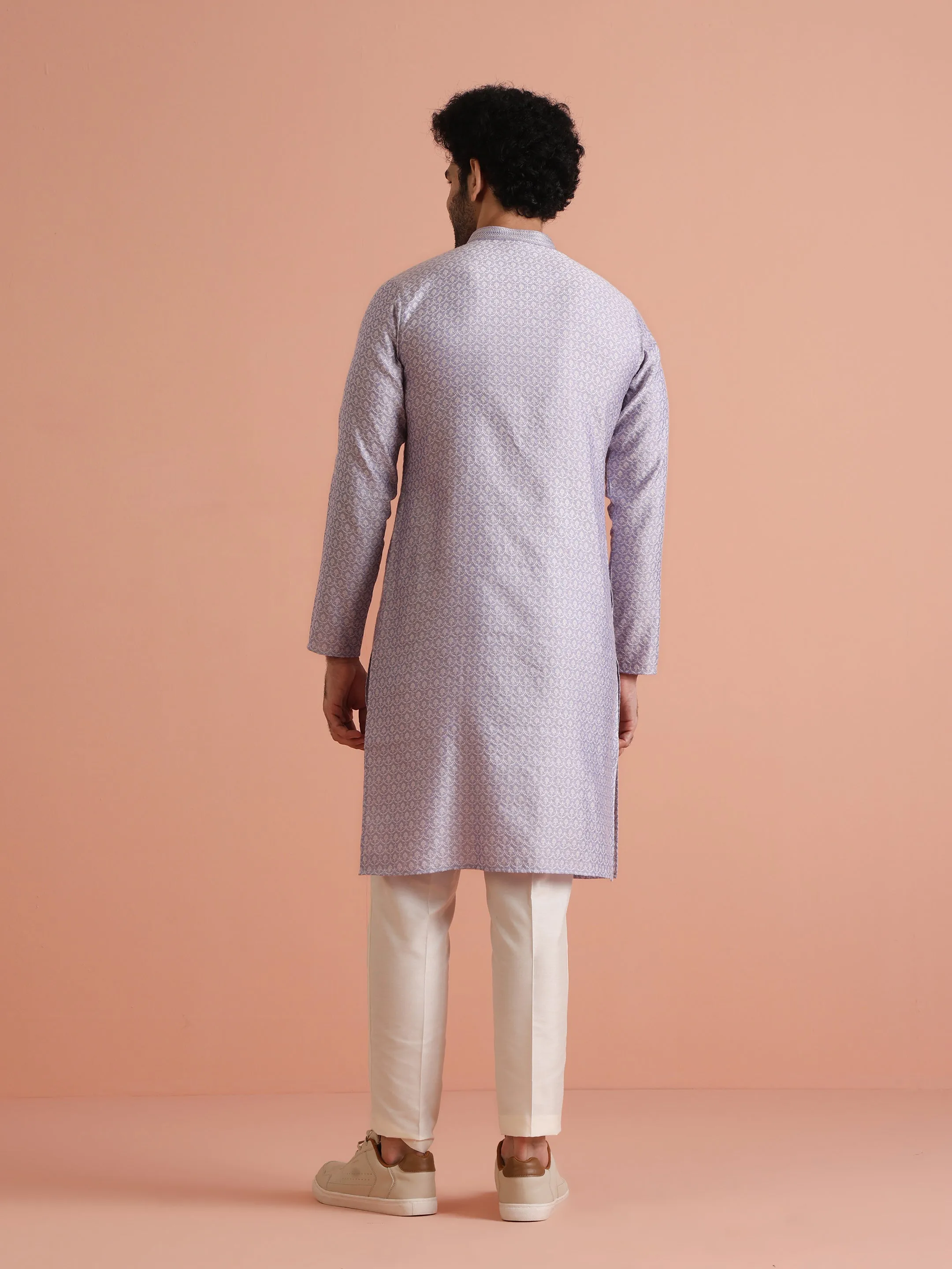 Men Lavender Woven Design Kurta Trousers Set