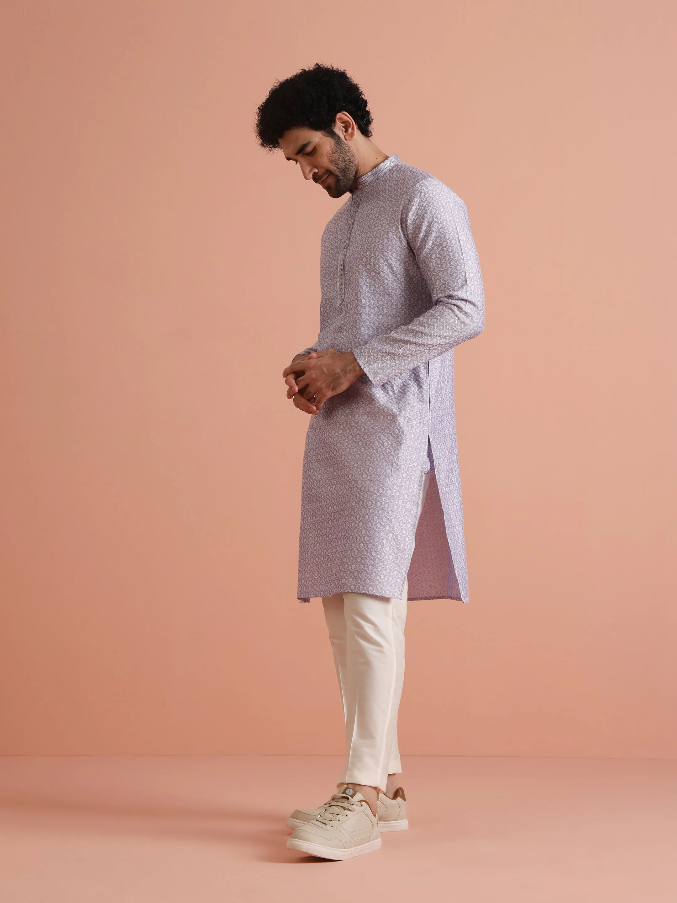 Men Lavender Woven Design Kurta Trousers Set