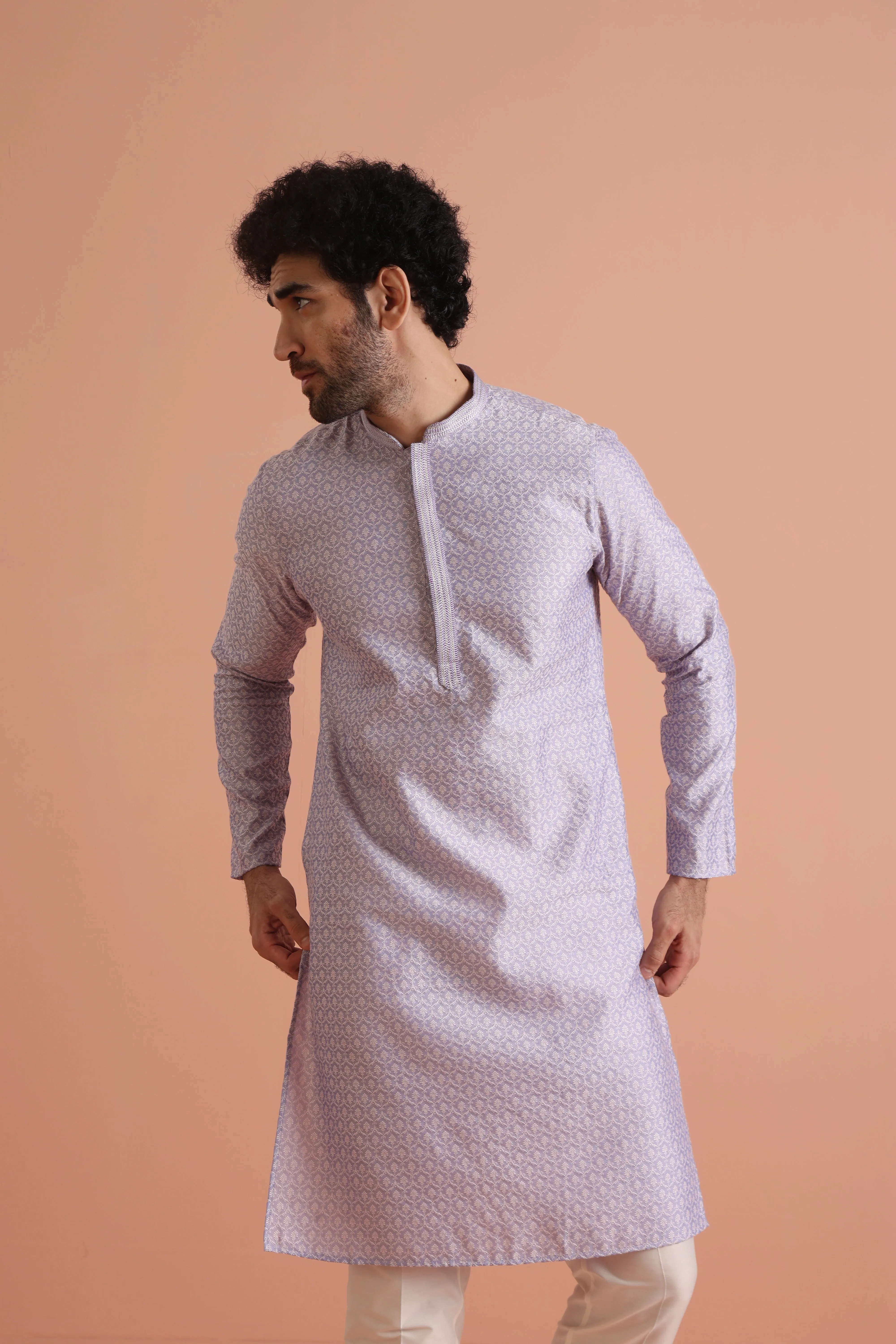 Men Lavender Woven Design Kurta Trousers Set