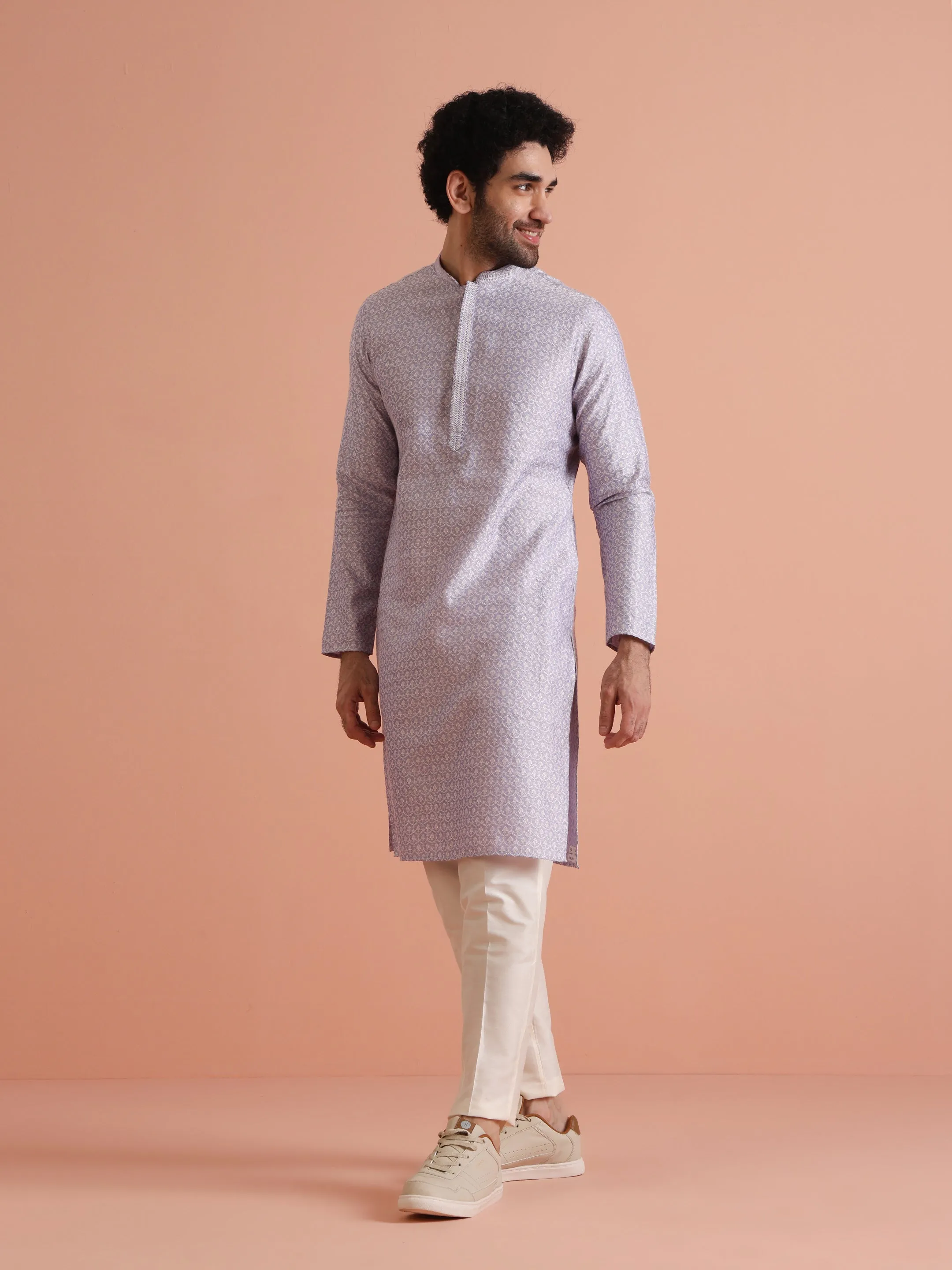 Men Lavender Woven Design Kurta Trousers Set
