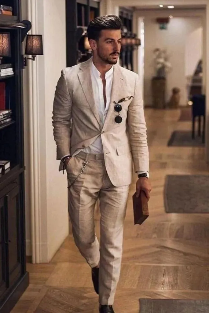 Men Linen Suits Beige 2 Piece Linen Beach Wedding Suit Groom, Breasted Style, Slim Fit, Party Wear, Dinner Suit, Stylish Suit, Elegant Suit.