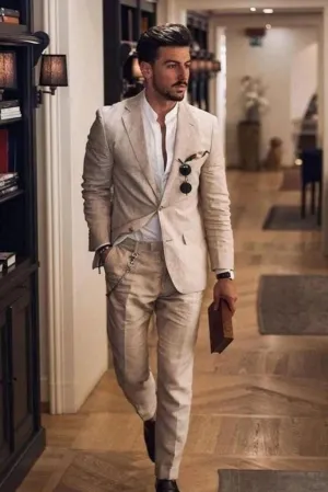Men Linen Suits Beige 2 Piece Linen Beach Wedding Suit Groom, Breasted Style, Slim Fit, Party Wear, Dinner Suit, Stylish Suit, Elegant Suit.