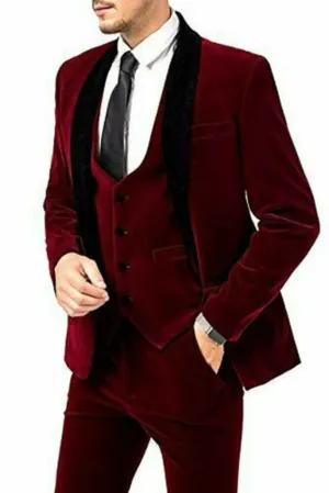 Men Maroon Velvet Tuxedo Suit Three Piece Suit Winter Wedding Suit Slim Fit Suit Dinner Suits - Gift For Him