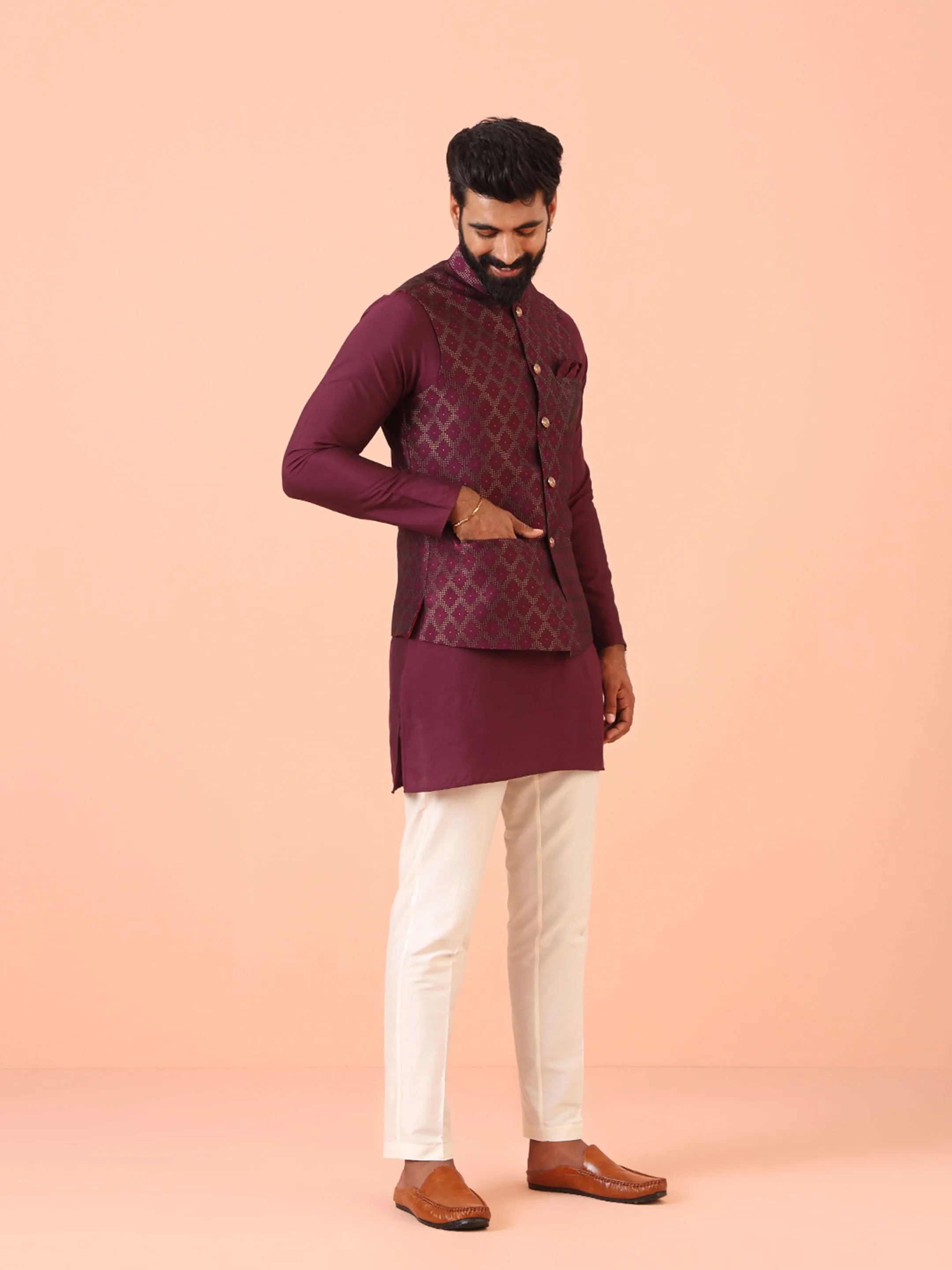 Men Maroon Woven Design Kurta Jacket Trouser Set