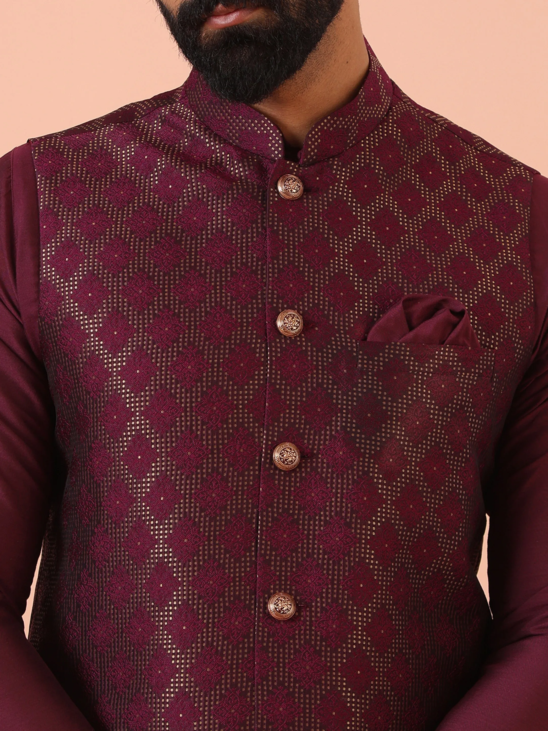 Men Maroon Woven Design Kurta Jacket Trouser Set