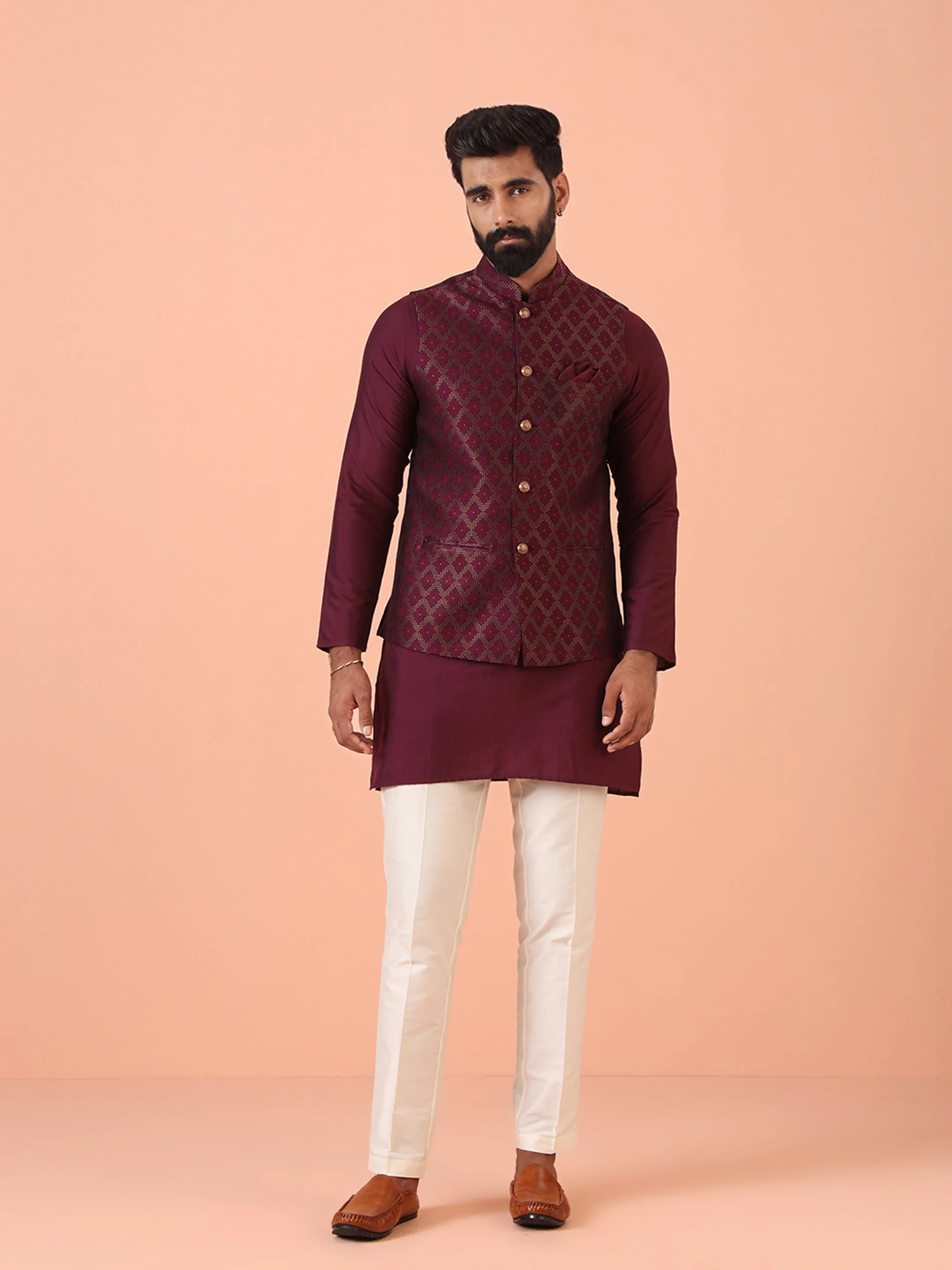 Men Maroon Woven Design Kurta Jacket Trouser Set