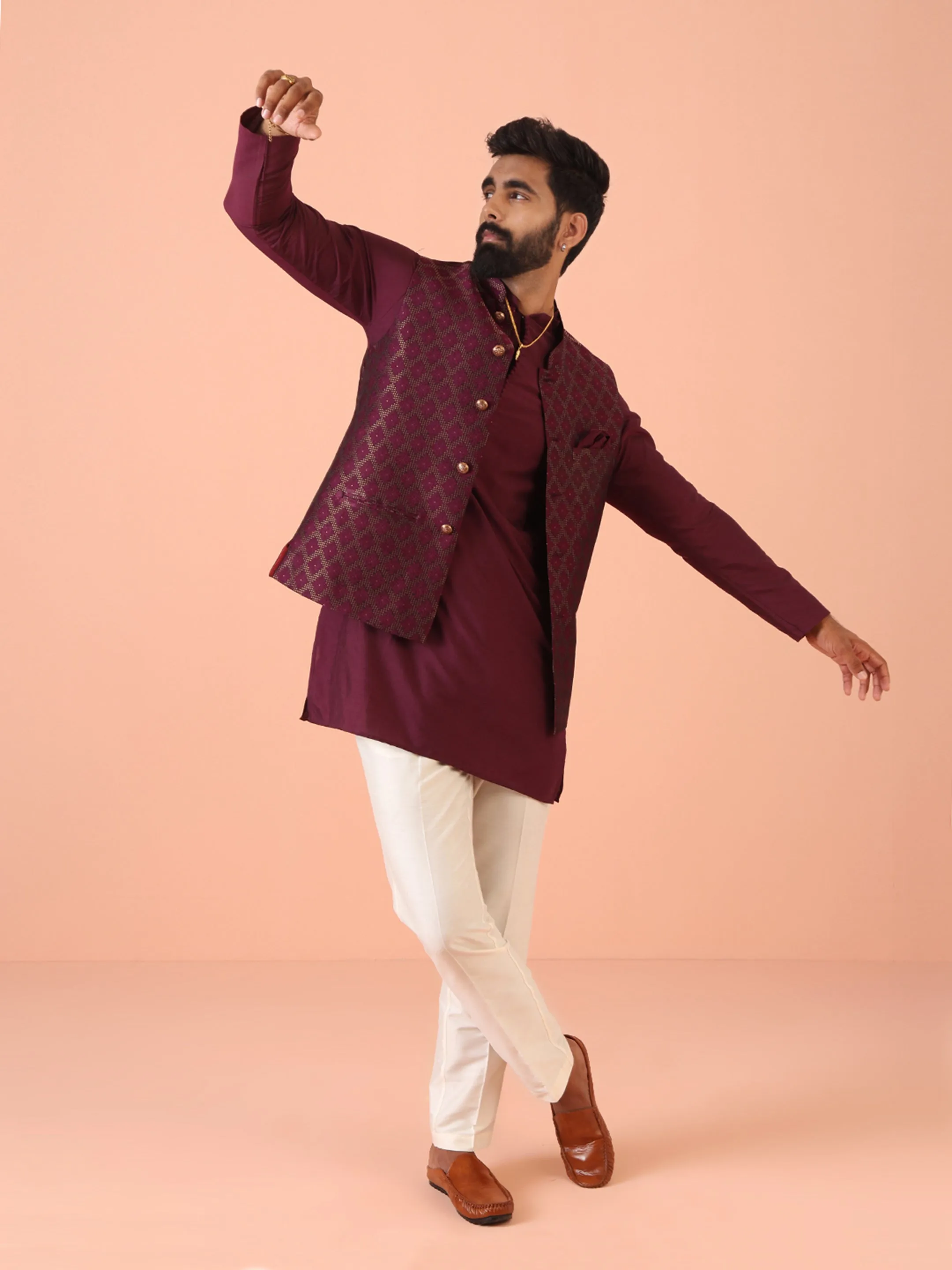 Men Maroon Woven Design Kurta Jacket Trouser Set