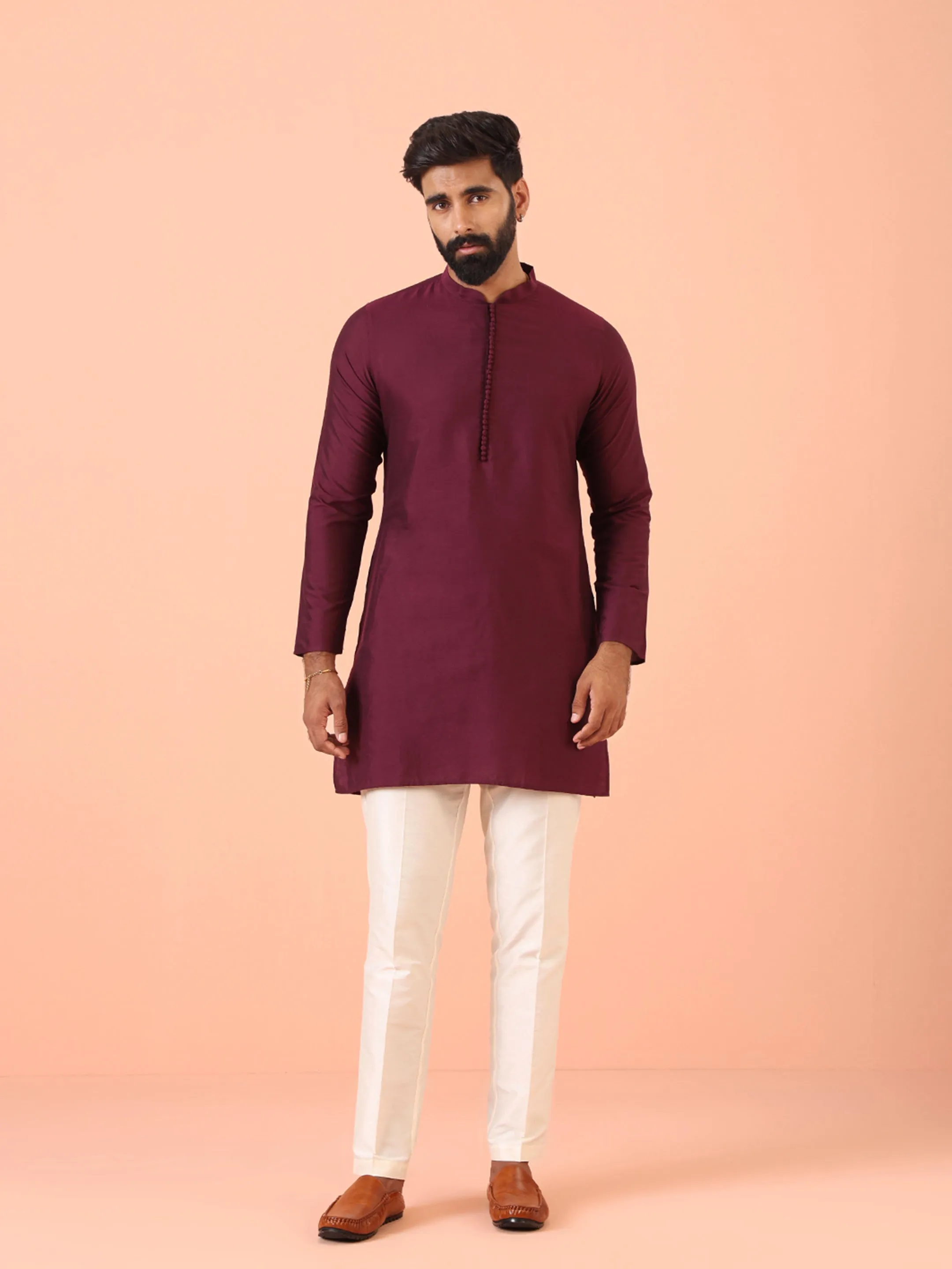 Men Maroon Woven Design Kurta Jacket Trouser Set