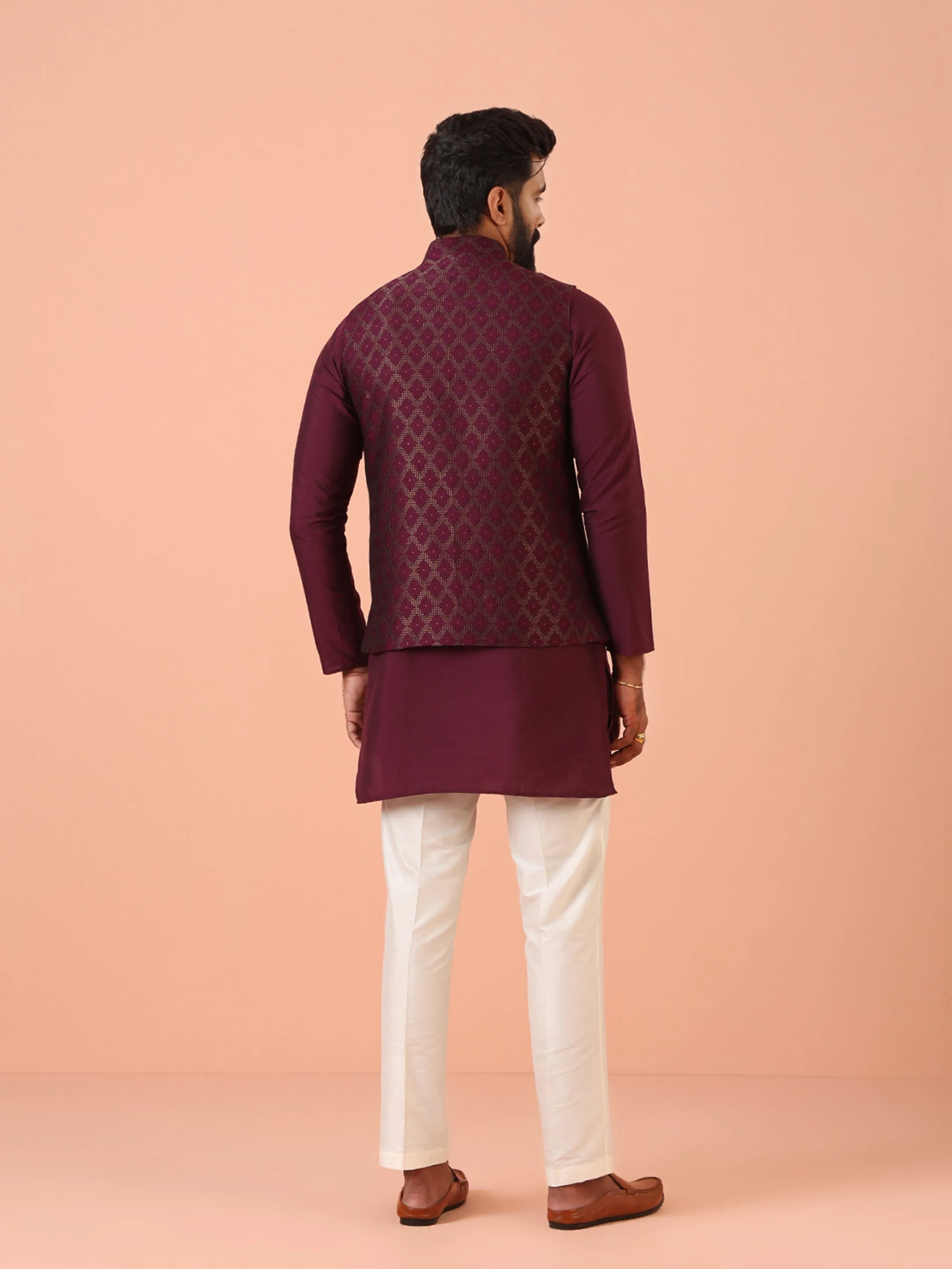 Men Maroon Woven Design Kurta Jacket Trouser Set