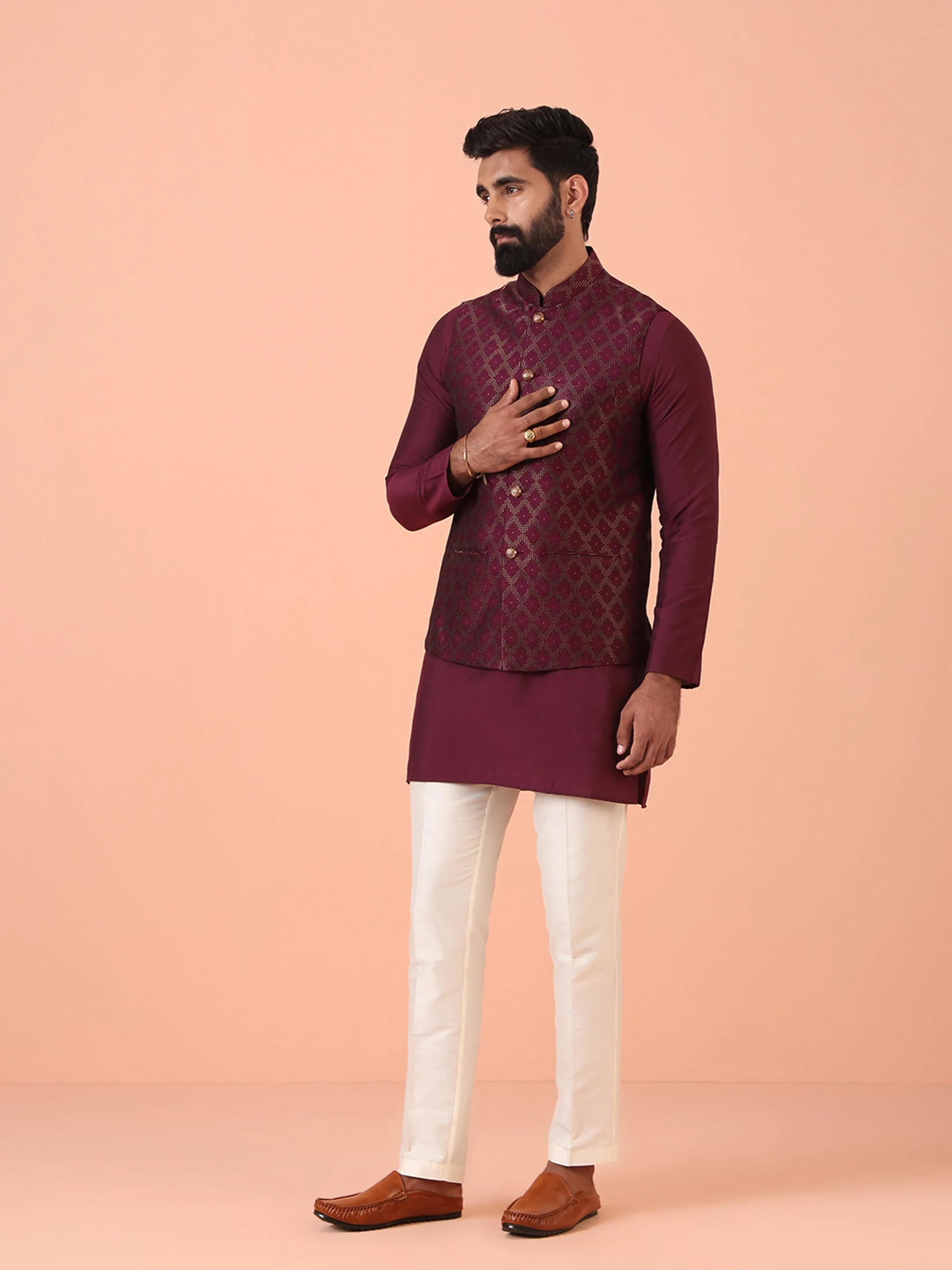 Men Maroon Woven Design Kurta Jacket Trouser Set