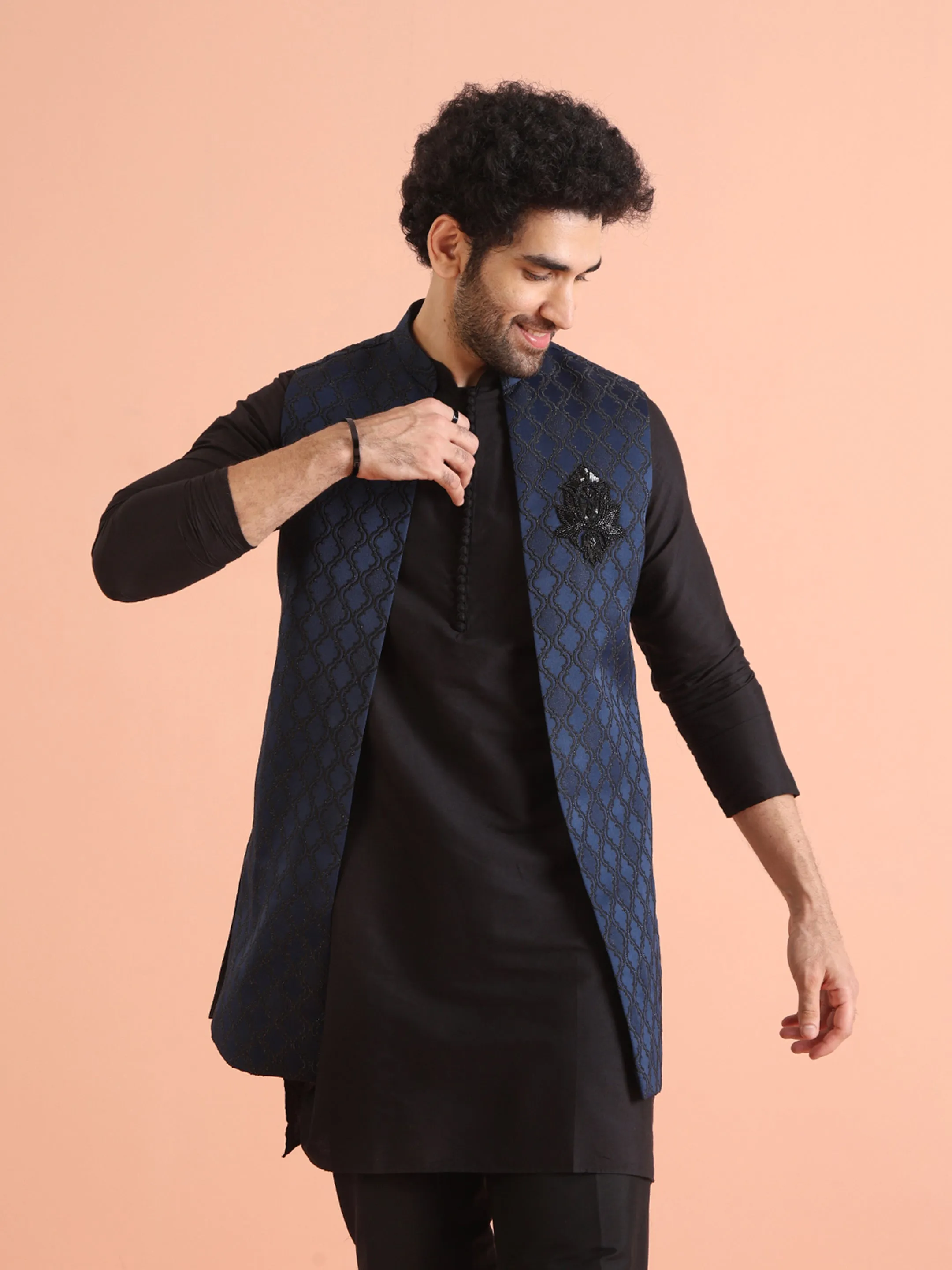 Men Navy Blue Woven Design Kurta Jacket Trouser Set