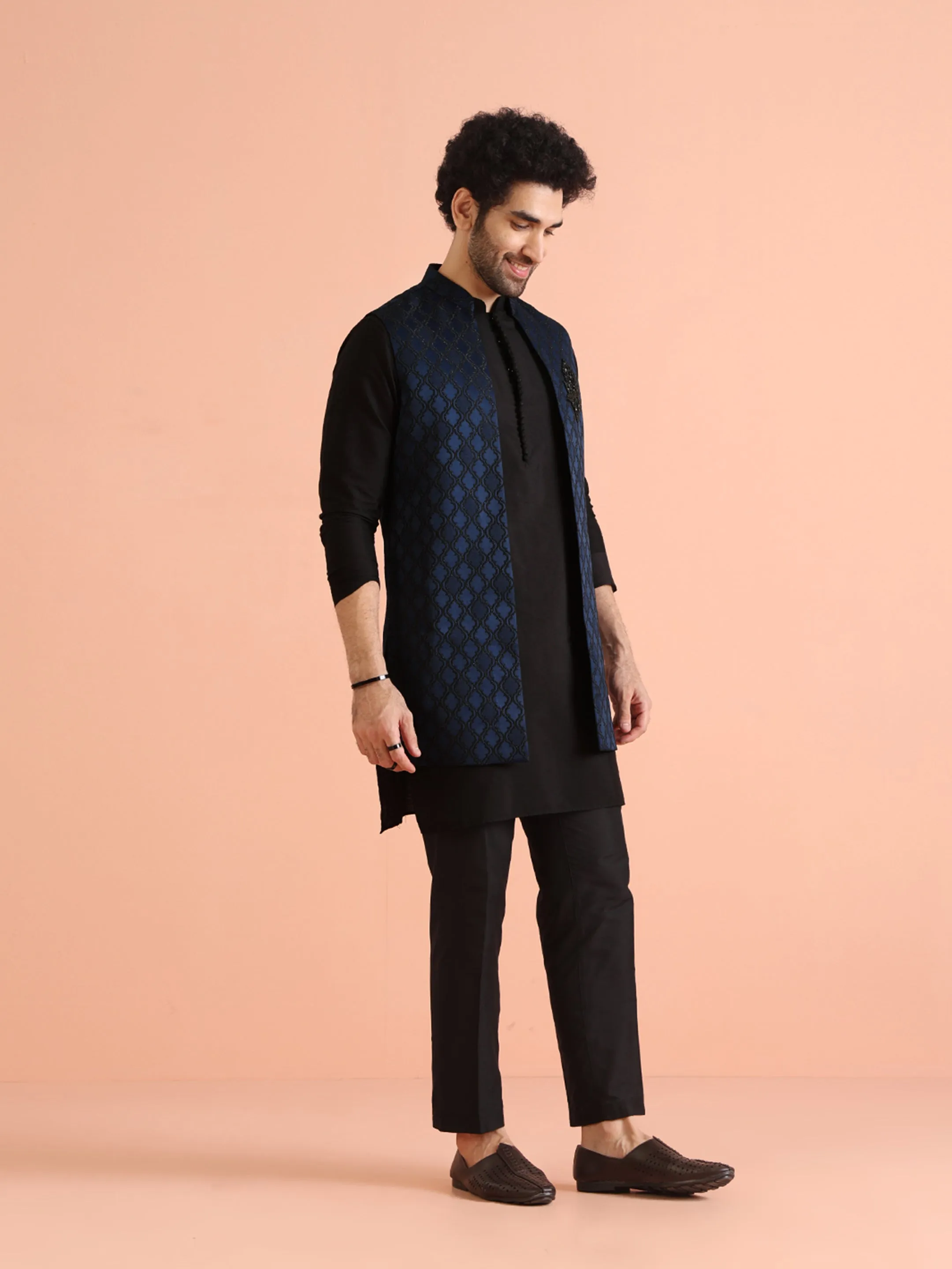 Men Navy Blue Woven Design Kurta Jacket Trouser Set