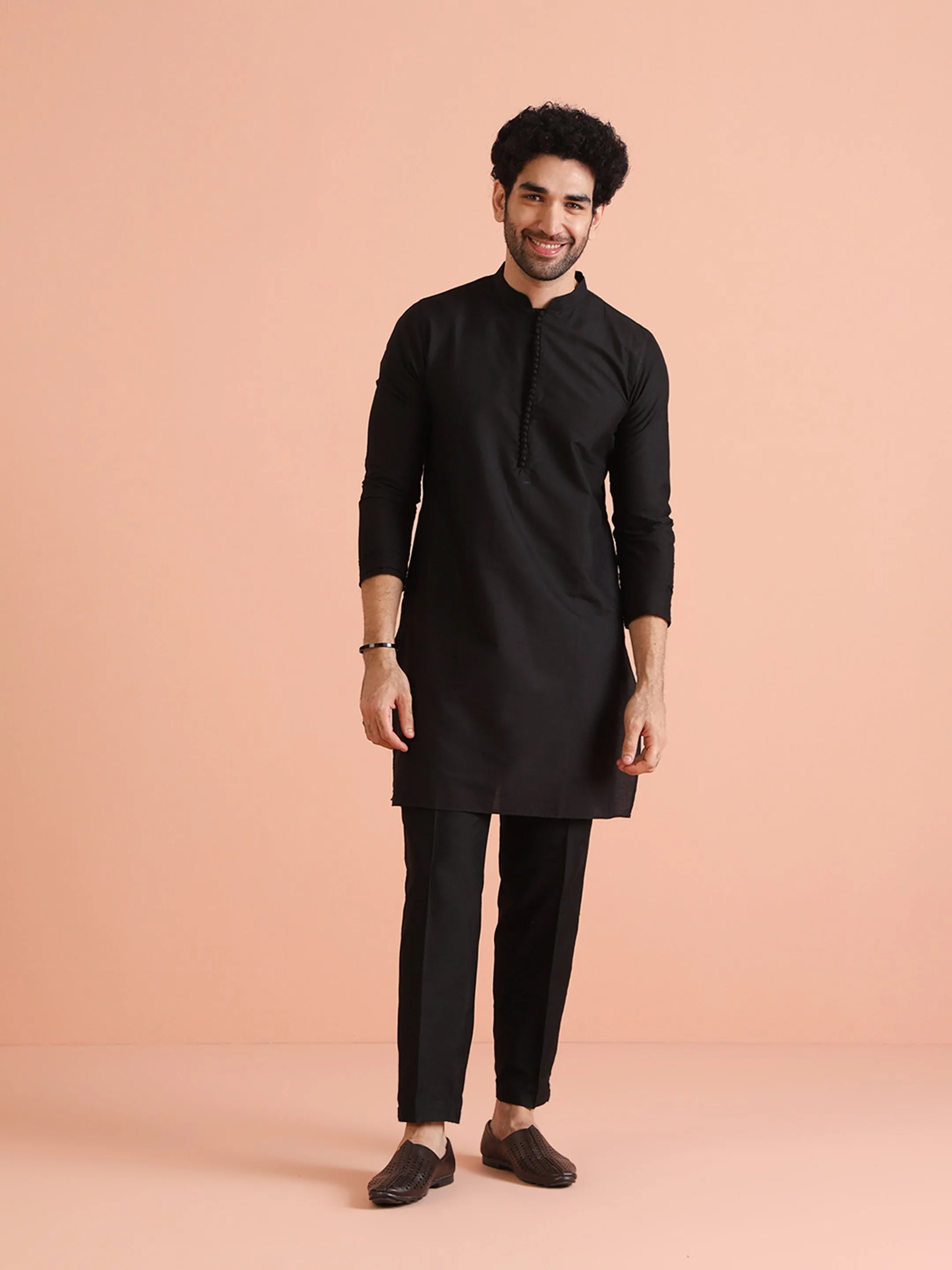 Men Navy Blue Woven Design Kurta Jacket Trouser Set