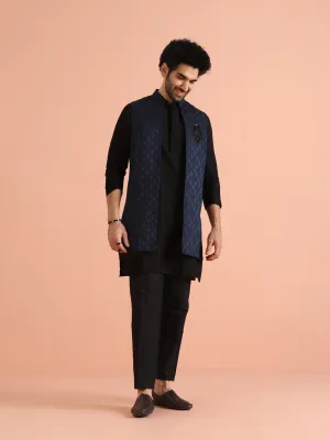 Men Navy Blue Woven Design Kurta Jacket Trouser Set