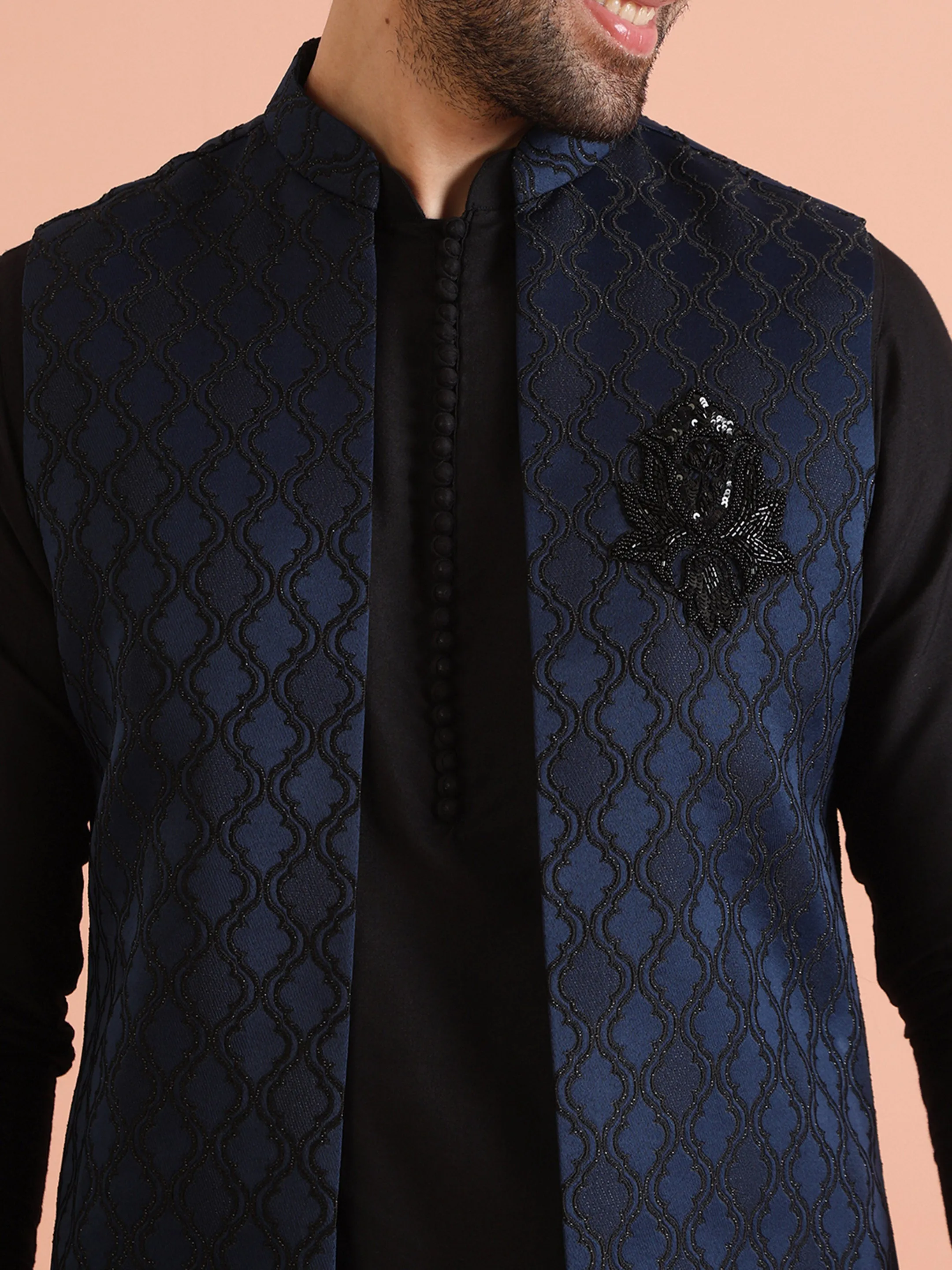Men Navy Blue Woven Design Kurta Jacket Trouser Set