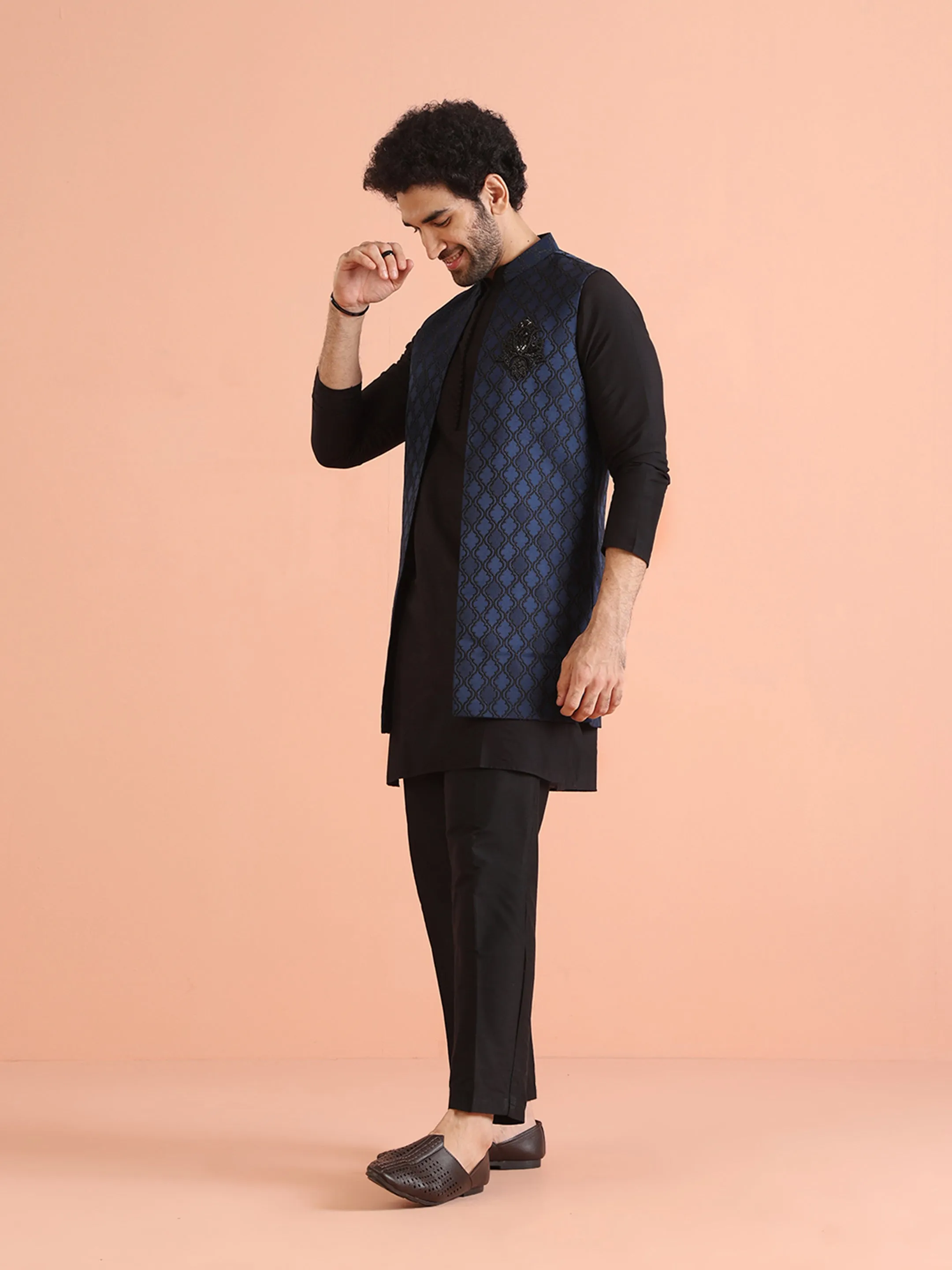 Men Navy Blue Woven Design Kurta Jacket Trouser Set