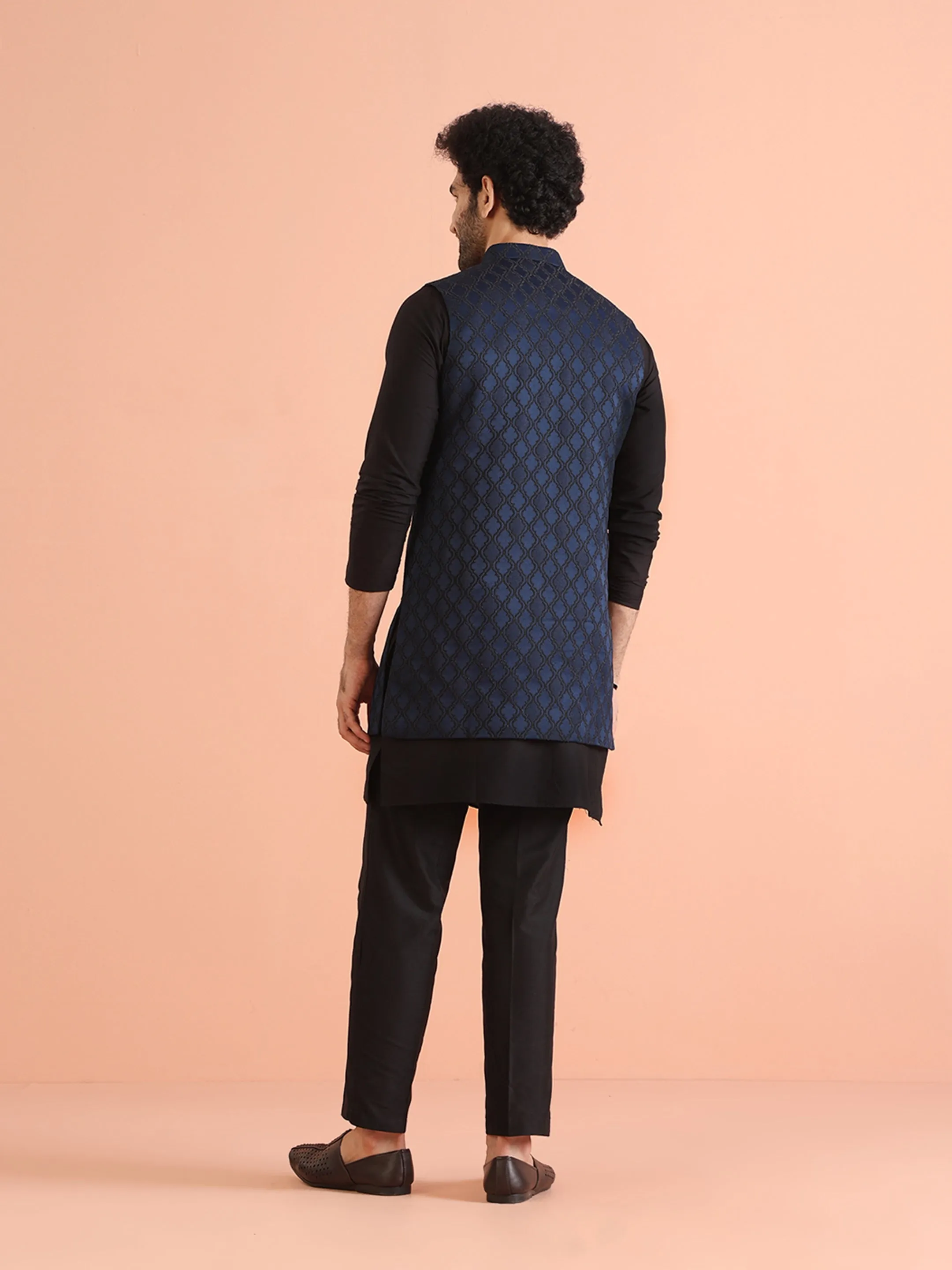 Men Navy Blue Woven Design Kurta Jacket Trouser Set