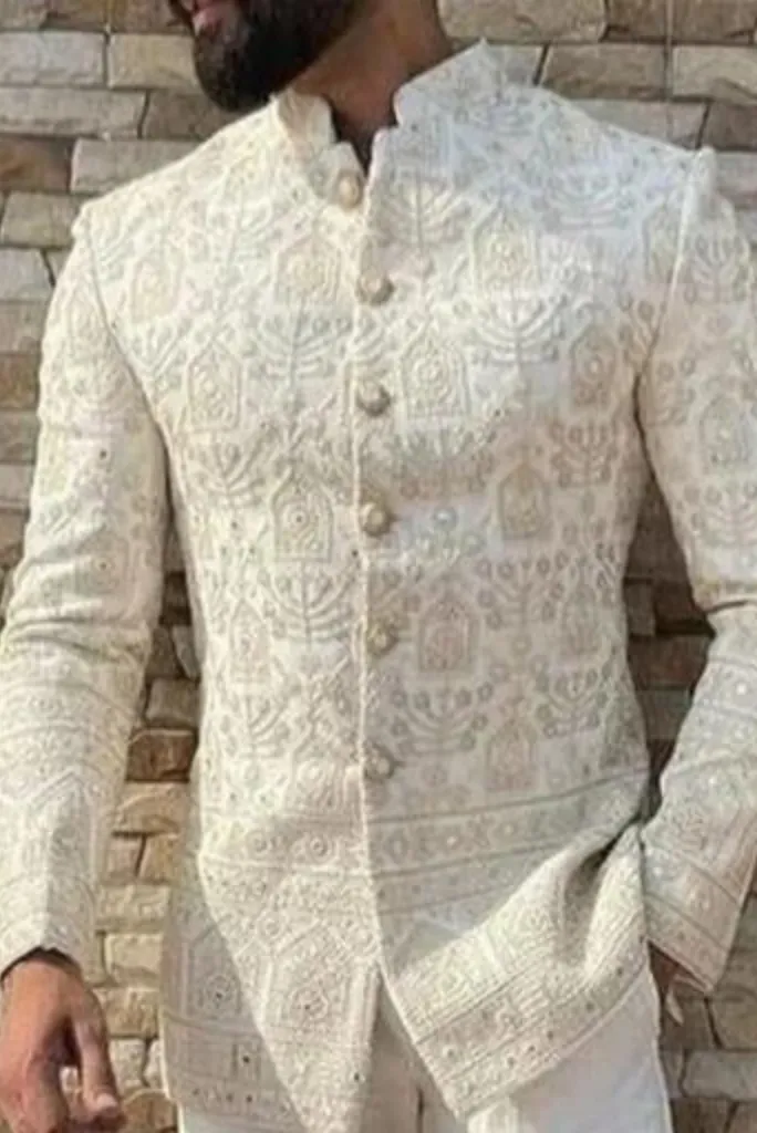 Men Off White Jodhpuri Coat With Golden Zari Work For Groom Wedding Functions Perfect For Formal Party Wear Blazer Indian Style Coat Gift For Him