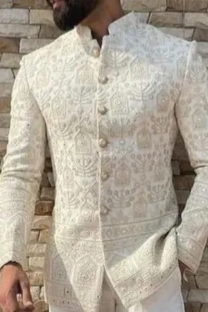 Men Off White Jodhpuri Coat With Golden Zari Work For Groom Wedding Functions Perfect For Formal Party Wear Blazer Indian Style Coat Gift For Him