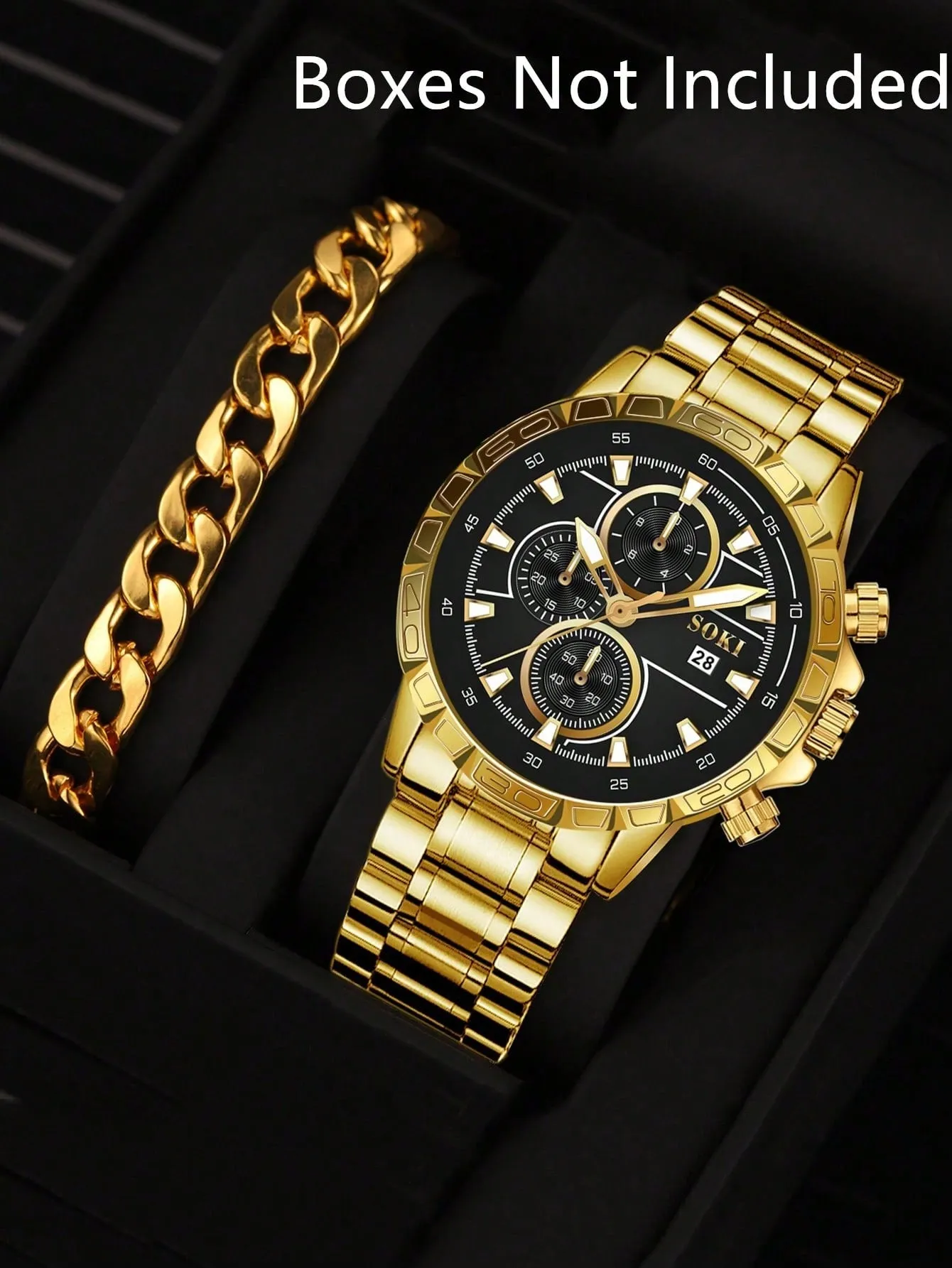 Men Round Pointer Date Quartz Watch & 1pc Bracelet