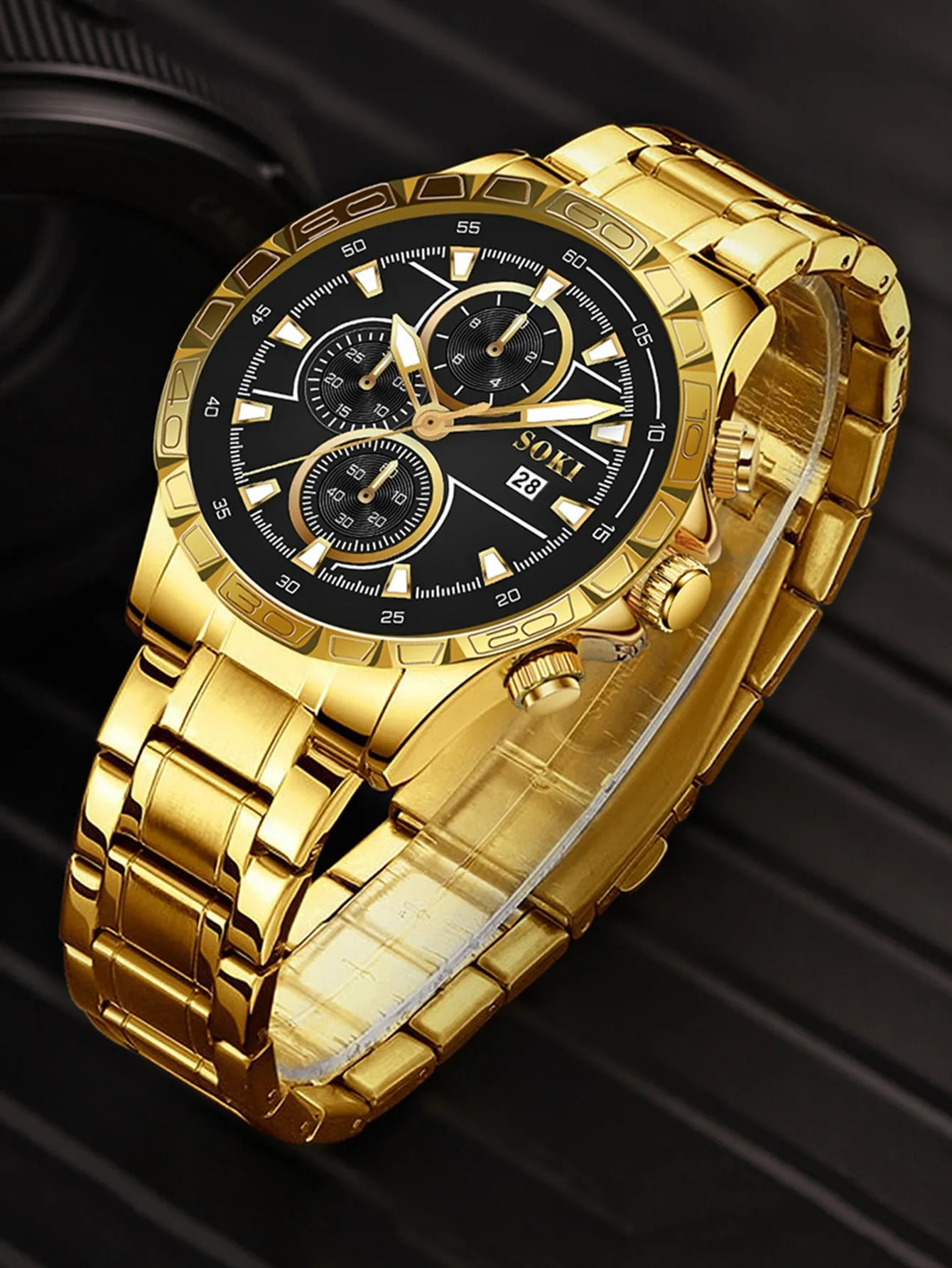 Men Round Pointer Date Quartz Watch & 1pc Bracelet