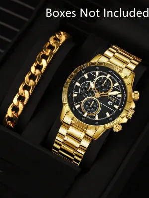 Men Round Pointer Date Quartz Watch & 1pc Bracelet