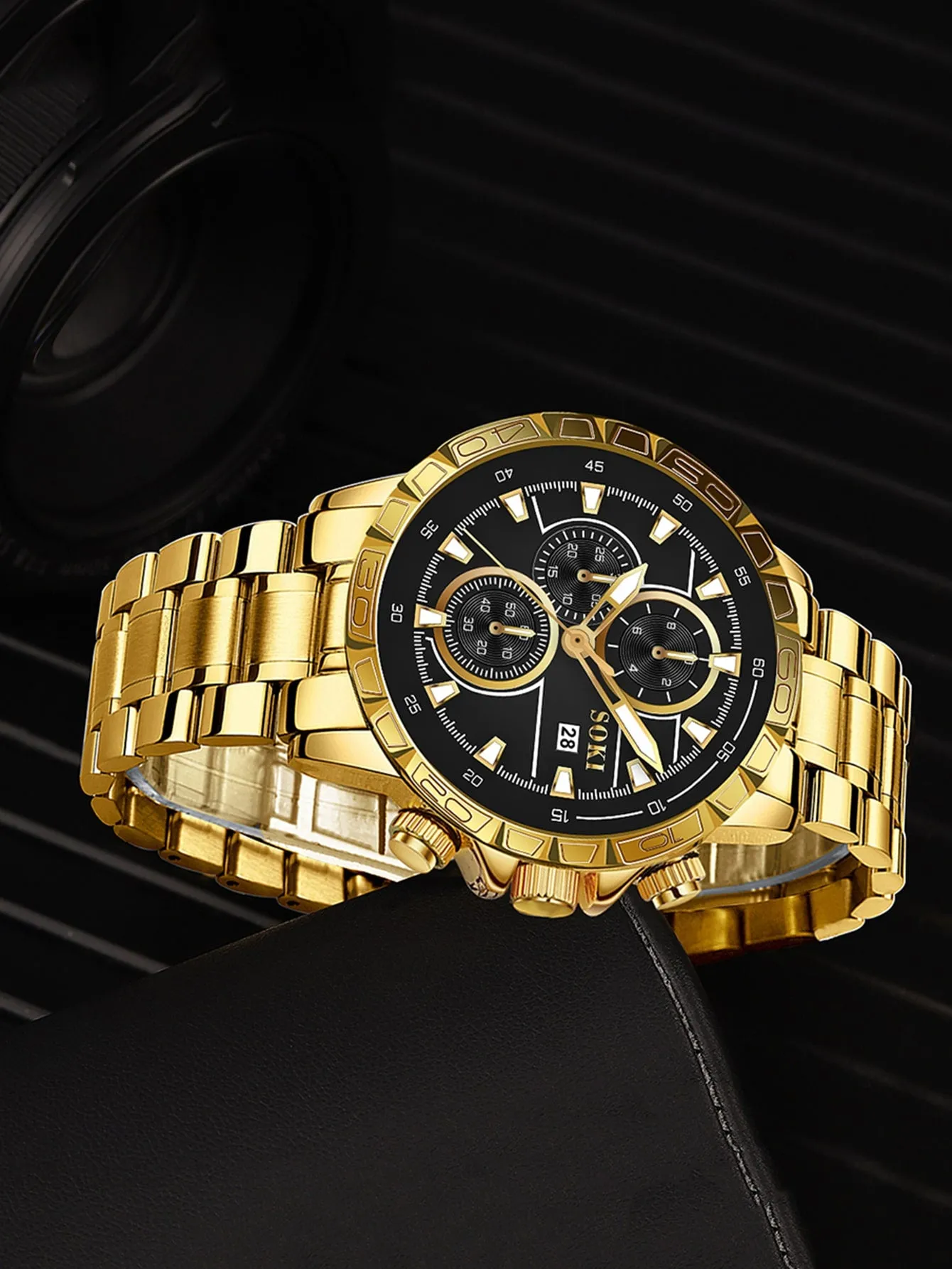 Men Round Pointer Date Quartz Watch & 1pc Bracelet
