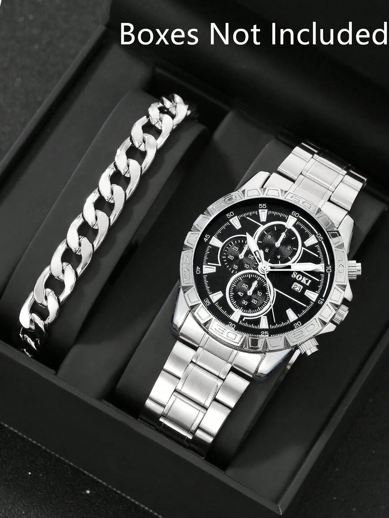 Men Round Pointer Date Quartz Watch & 1pc Bracelet