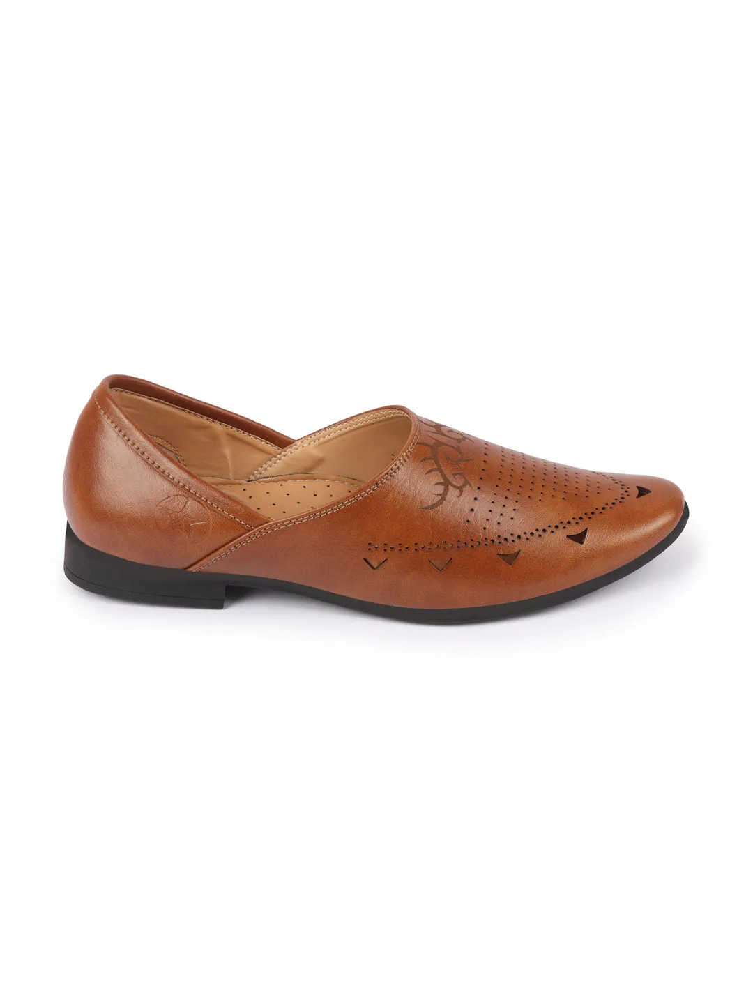 Men Tan Ethnic Wedding Party Laser Cut Perforated Design Slip On Juttis and Mojaris