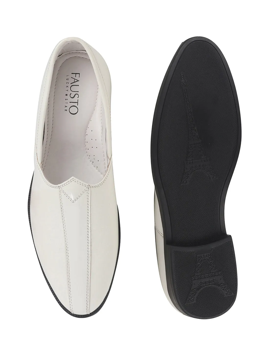 Men White Party Ethnic Patent Textured Print Slip On Juttis and Mojaris|Wedding Slip On Shoes|Evening Comfort Insole Mojaris