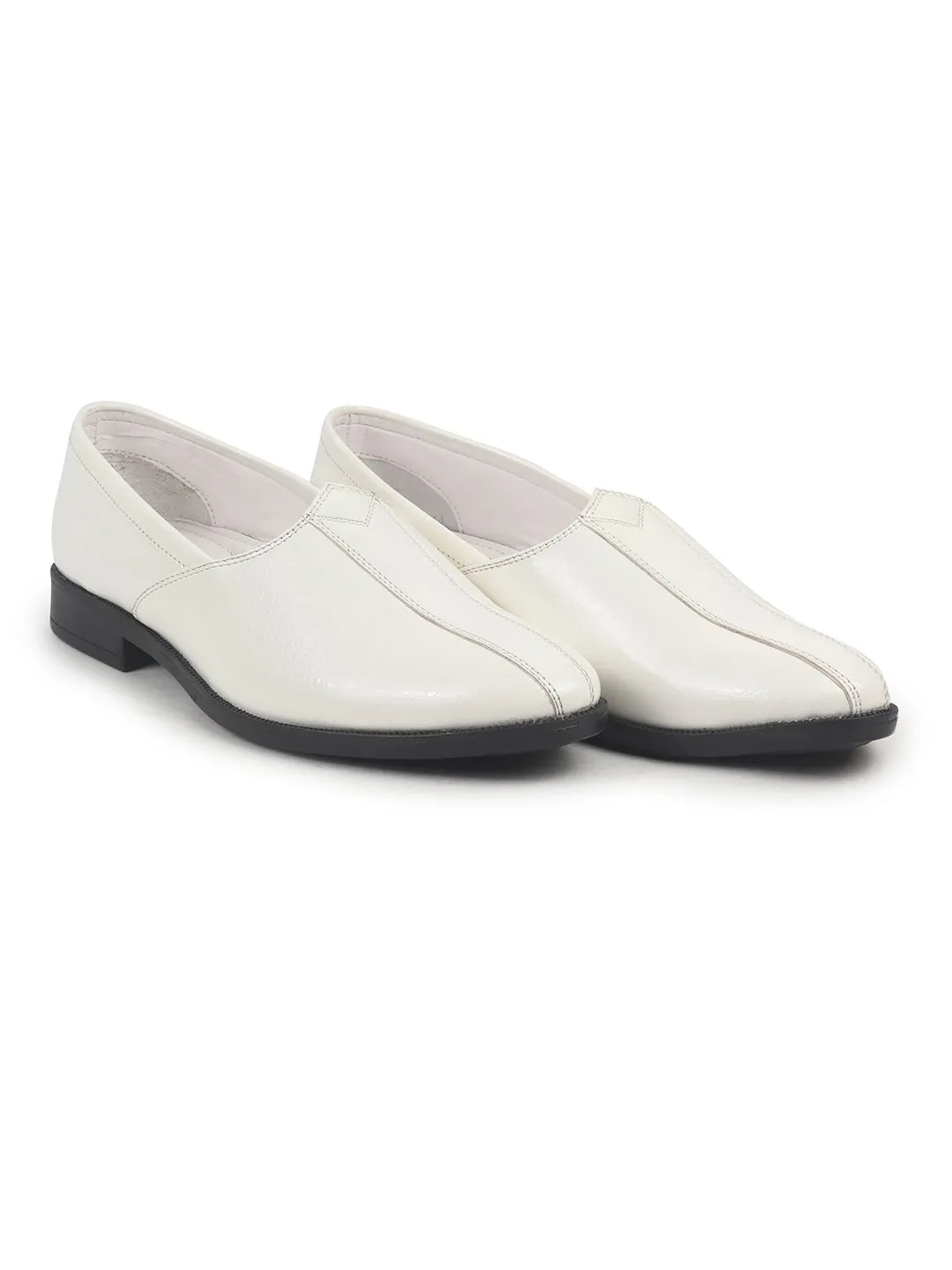 Men White Party Ethnic Patent Textured Print Slip On Juttis and Mojaris|Wedding Slip On Shoes|Evening Comfort Insole Mojaris