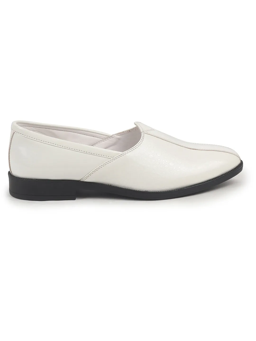 Men White Party Ethnic Patent Textured Print Slip On Juttis and Mojaris|Wedding Slip On Shoes|Evening Comfort Insole Mojaris