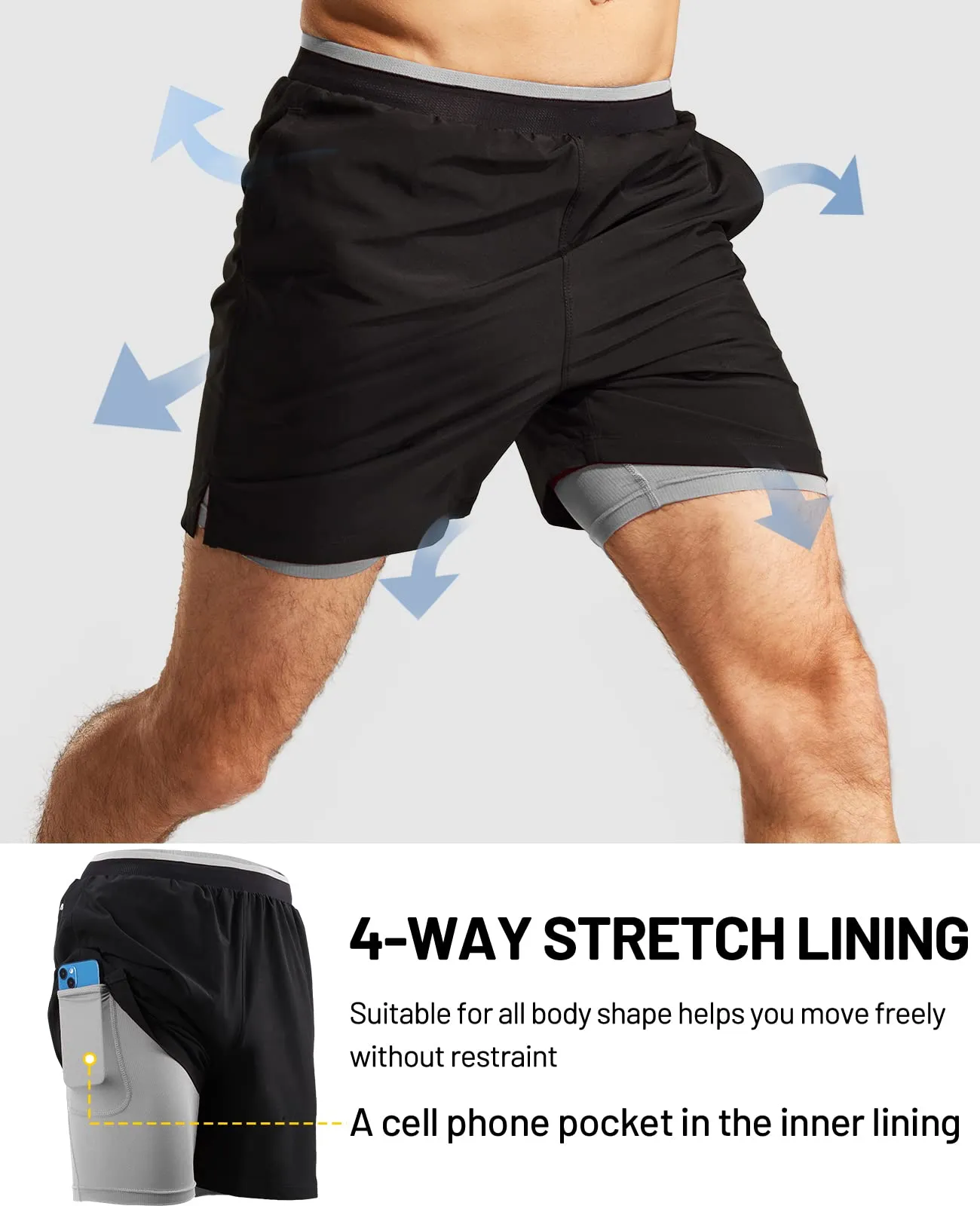 Men's 2 in 1 Running Shorts with Liner 5" Quick Dry Athletic Shorts