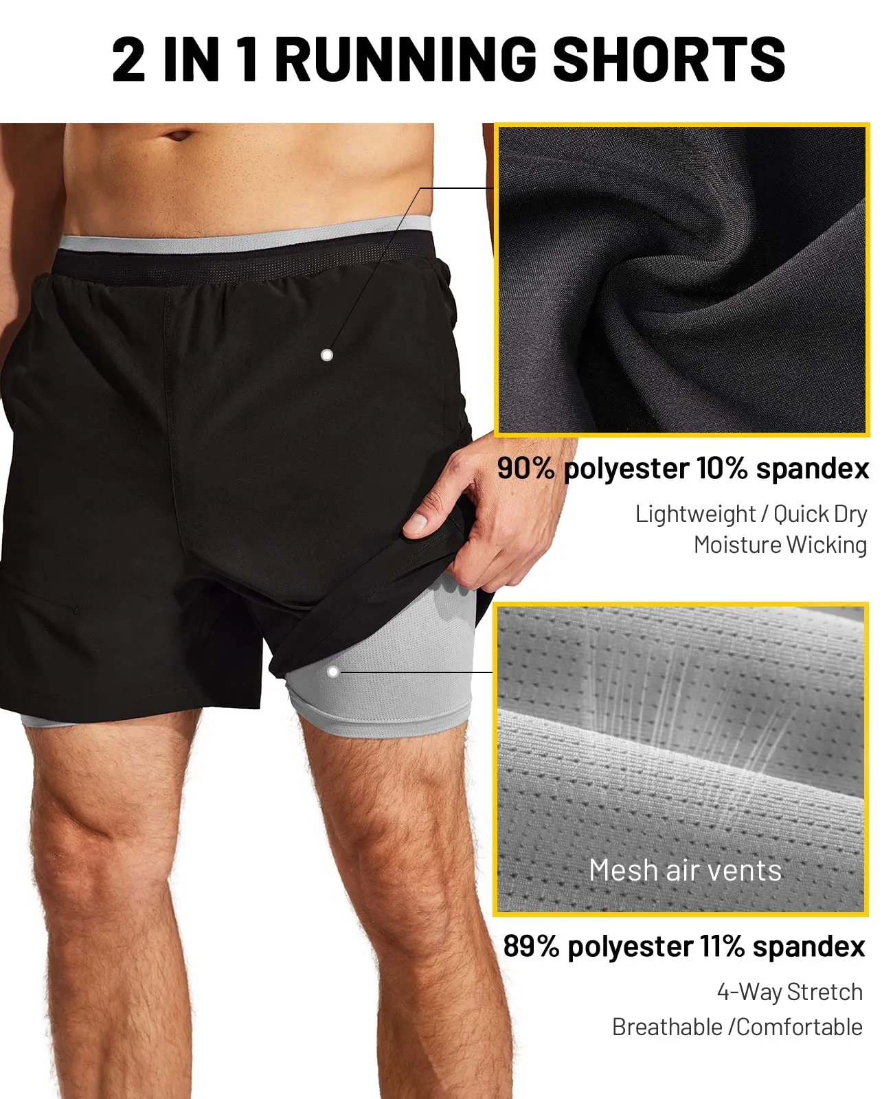 Men's 2 in 1 Running Shorts with Liner 5" Quick Dry Athletic Shorts