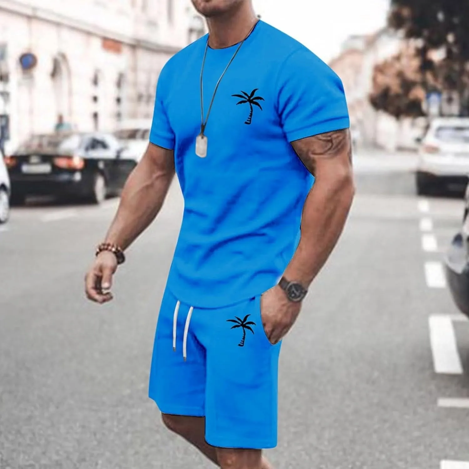 Mens 2 Piece Outfits Summer Casual Tracksuits Short Sleeve Crewneck T Shirts and Drawstring Shorts Sets Beachwear
