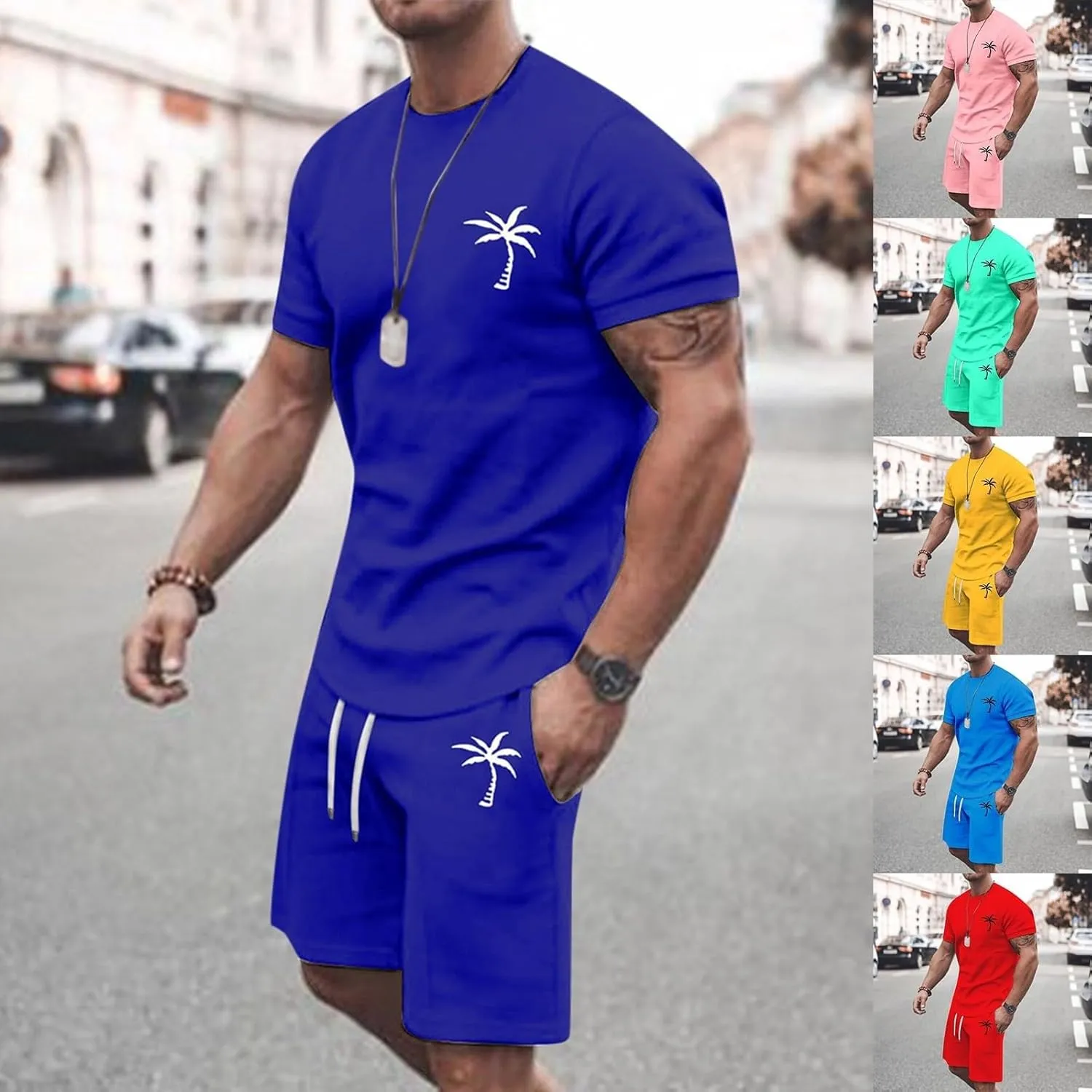 Mens 2 Piece Outfits Summer Casual Tracksuits Short Sleeve Crewneck T Shirts and Drawstring Shorts Sets Beachwear