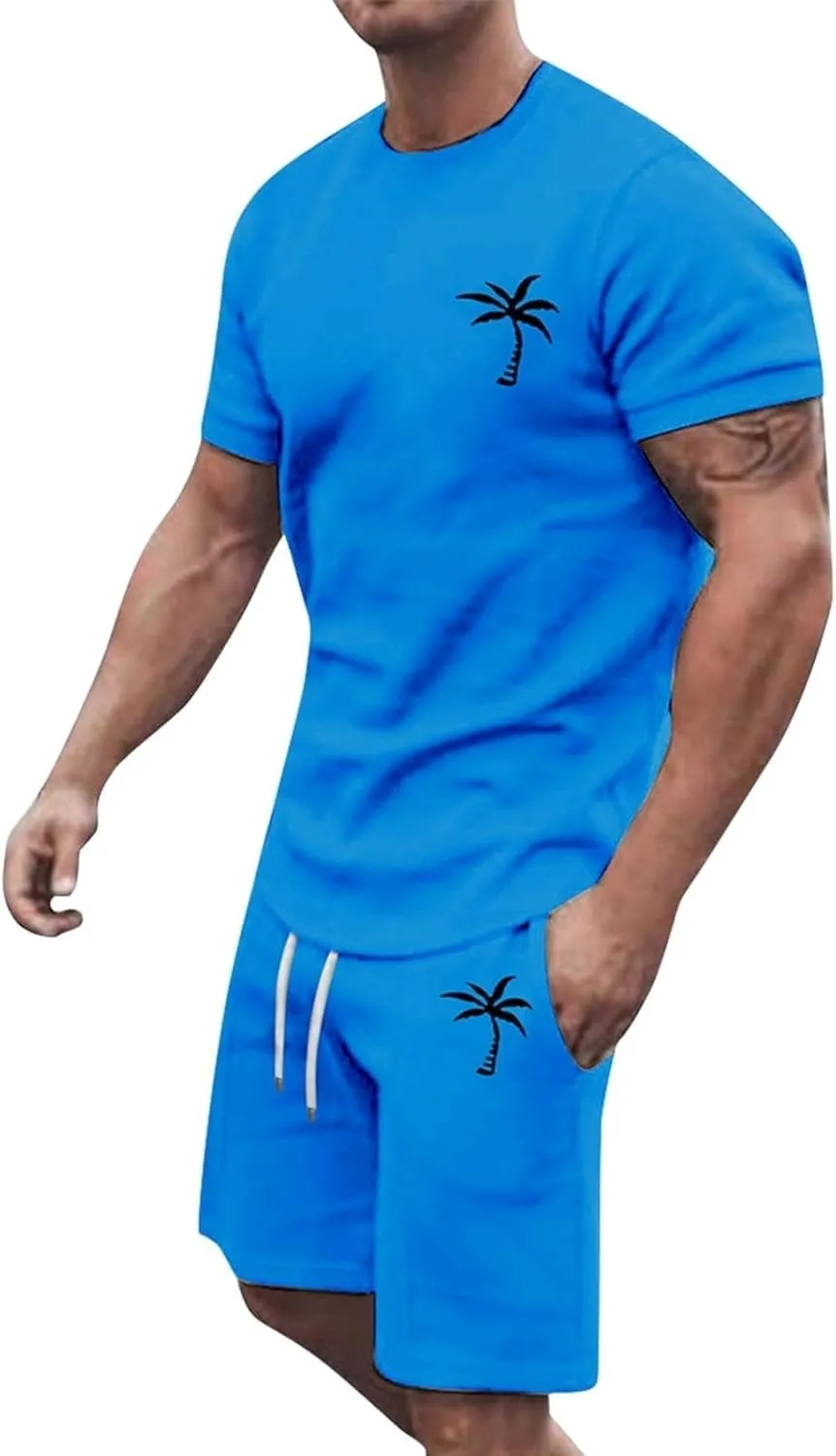 Mens 2 Piece Outfits Summer Casual Tracksuits Short Sleeve Crewneck T Shirts and Drawstring Shorts Sets Beachwear