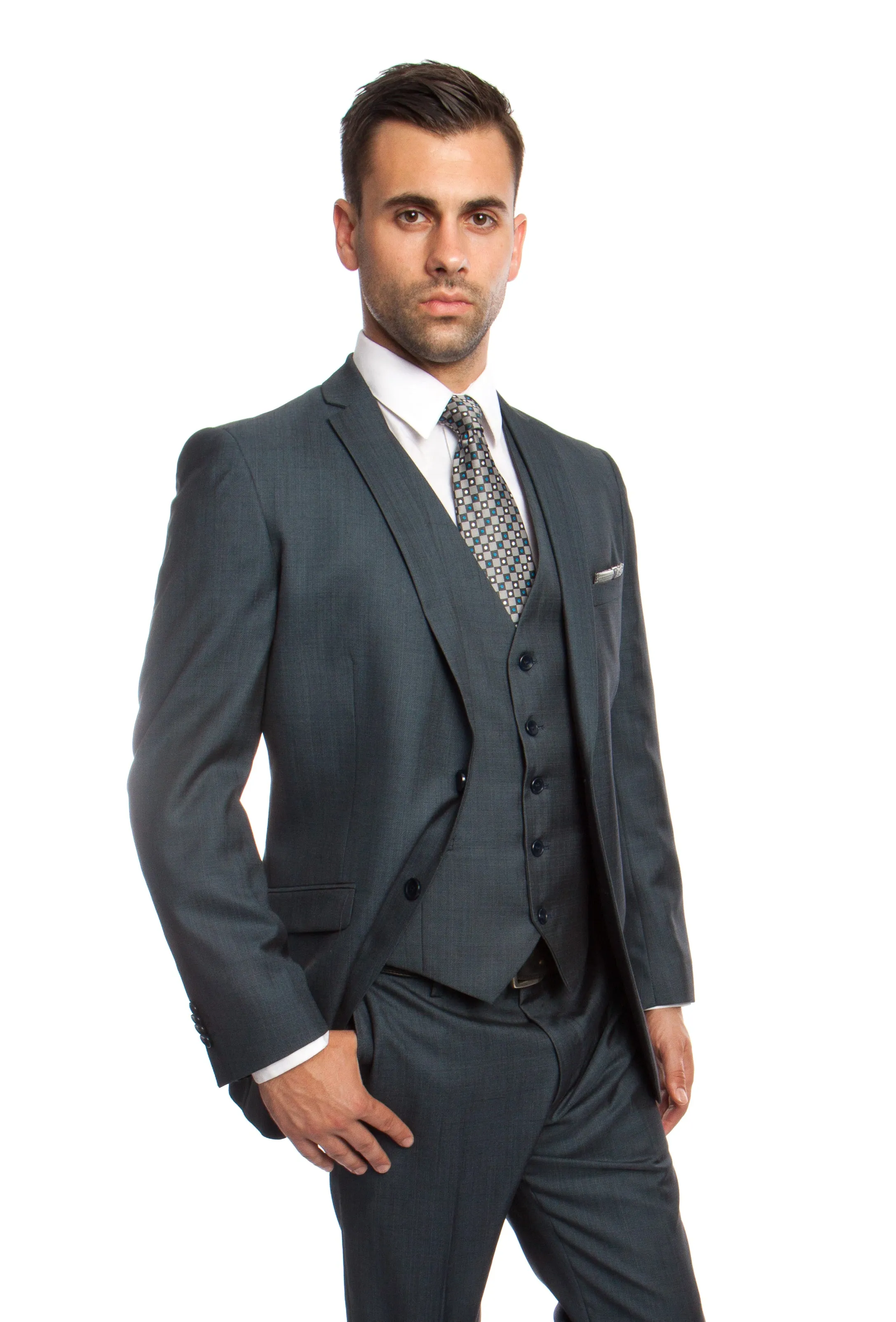 Men's 3pc Solid Suit Slim Fit Flat Front French Model | M250S