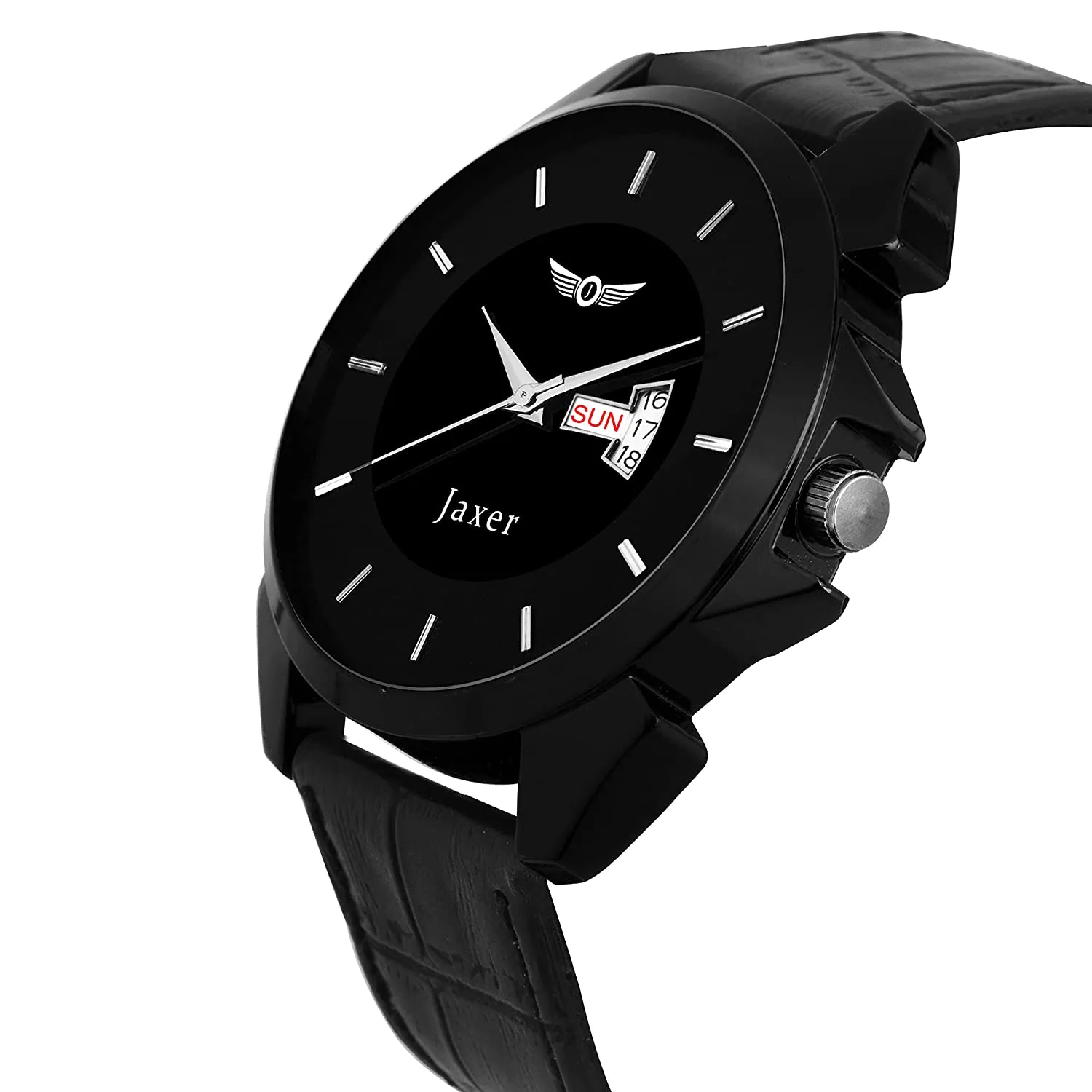 Men's Analog Watch with Black Day & Date Feature Dial and Leather Strap - JXRM2110