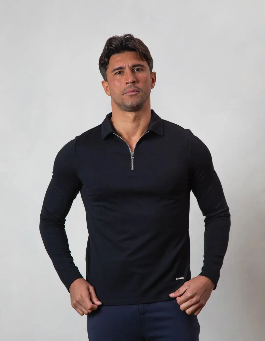 Men's Belier Black Premium Long Sleeve Zip Polo Shirt