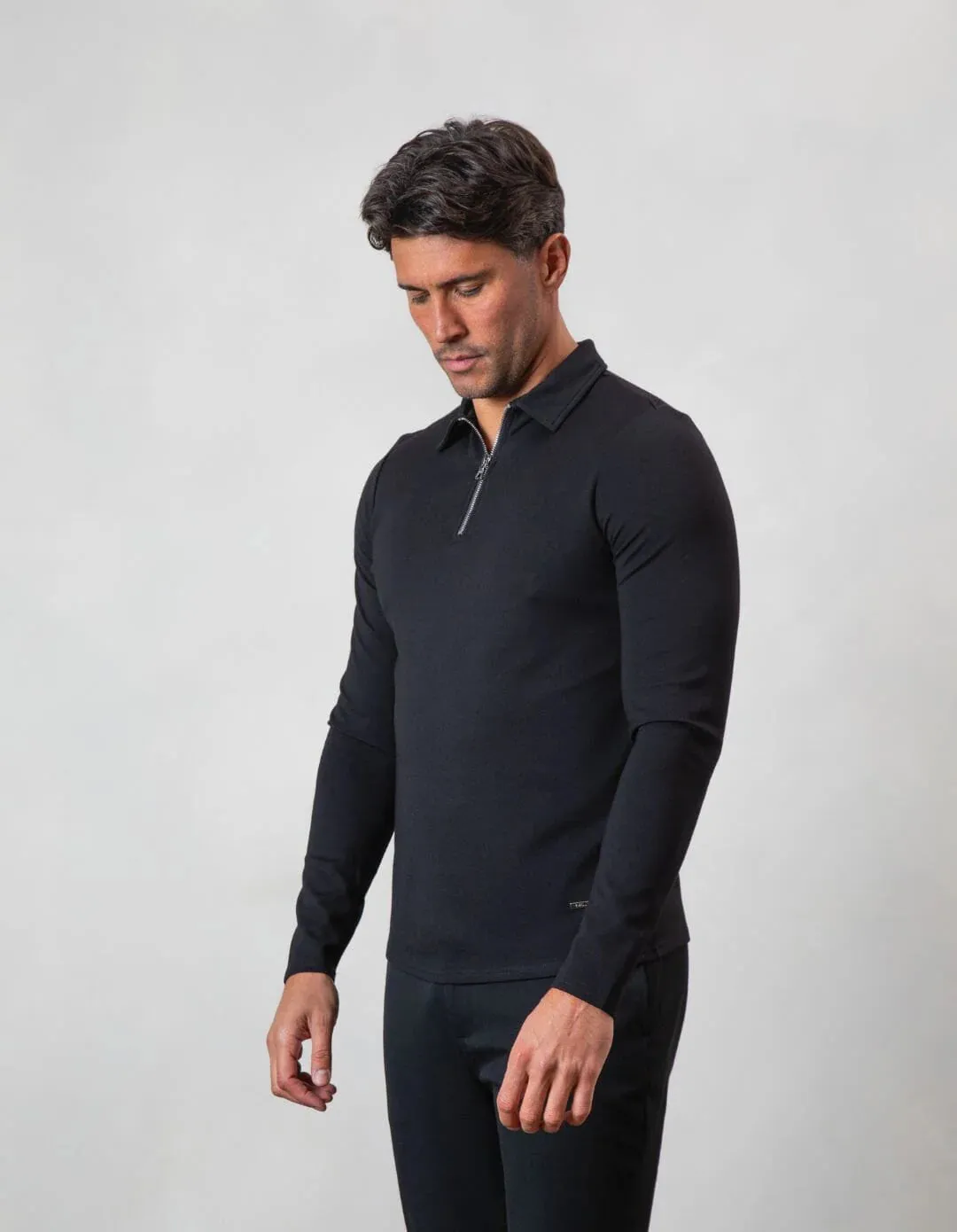 Men's Belier Black Premium Long Sleeve Zip Polo Shirt