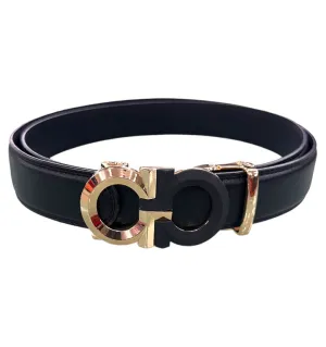 Men's Black Belt Genuine Leather Black Gold Buckle