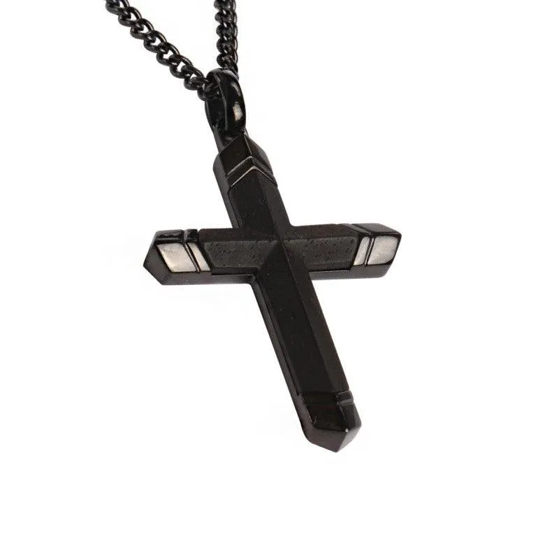Men's Black Plated Stainless Steel Cross with Ebony Wood Inlay